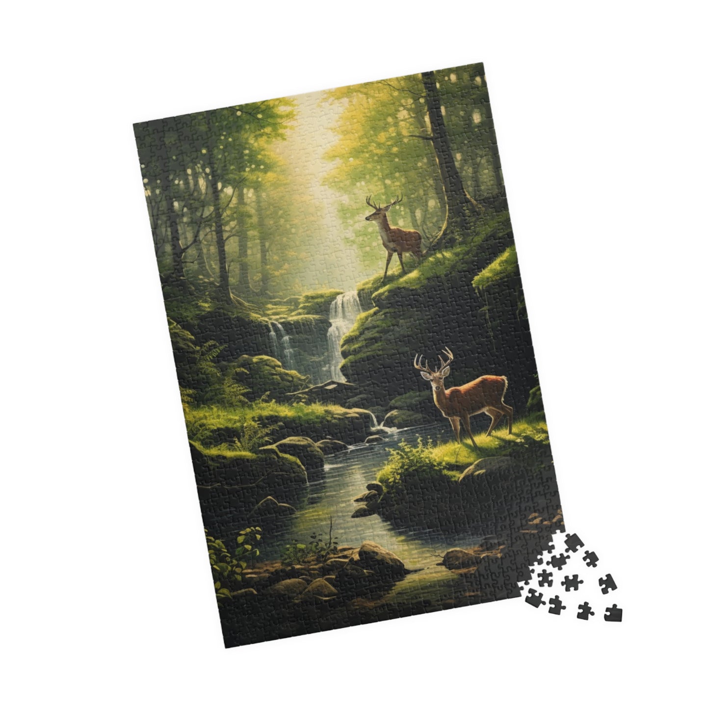 Nature's Wilderness Puzzle (500, 1014-piece) | Animal Life Nature Trees Waterfall Light God's Creatures Stag Doe Buck Flora Fauna