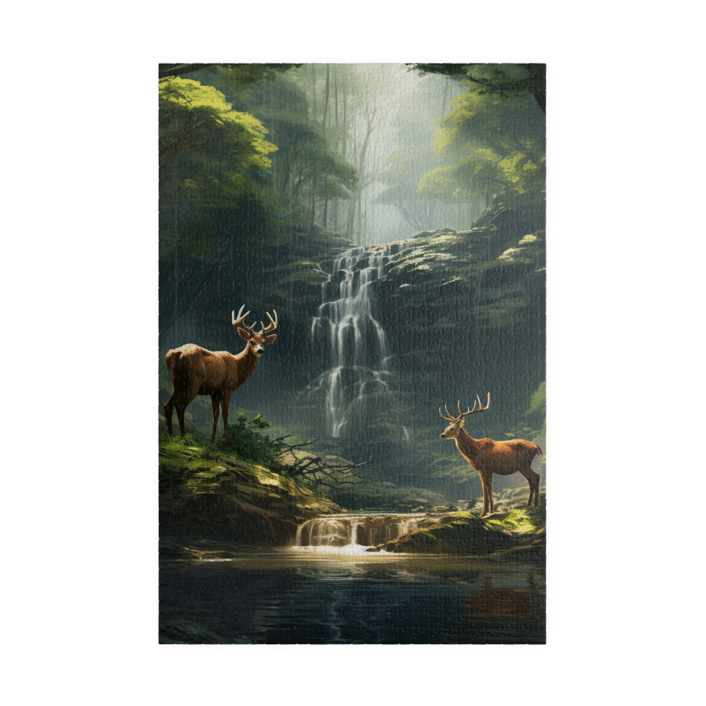 Deer in the Woods Puzzle (500, 1014-piece) | Animal Life Nature Trees Waterfall Light God's Creatures Stag Doe Buck Flora Fauna