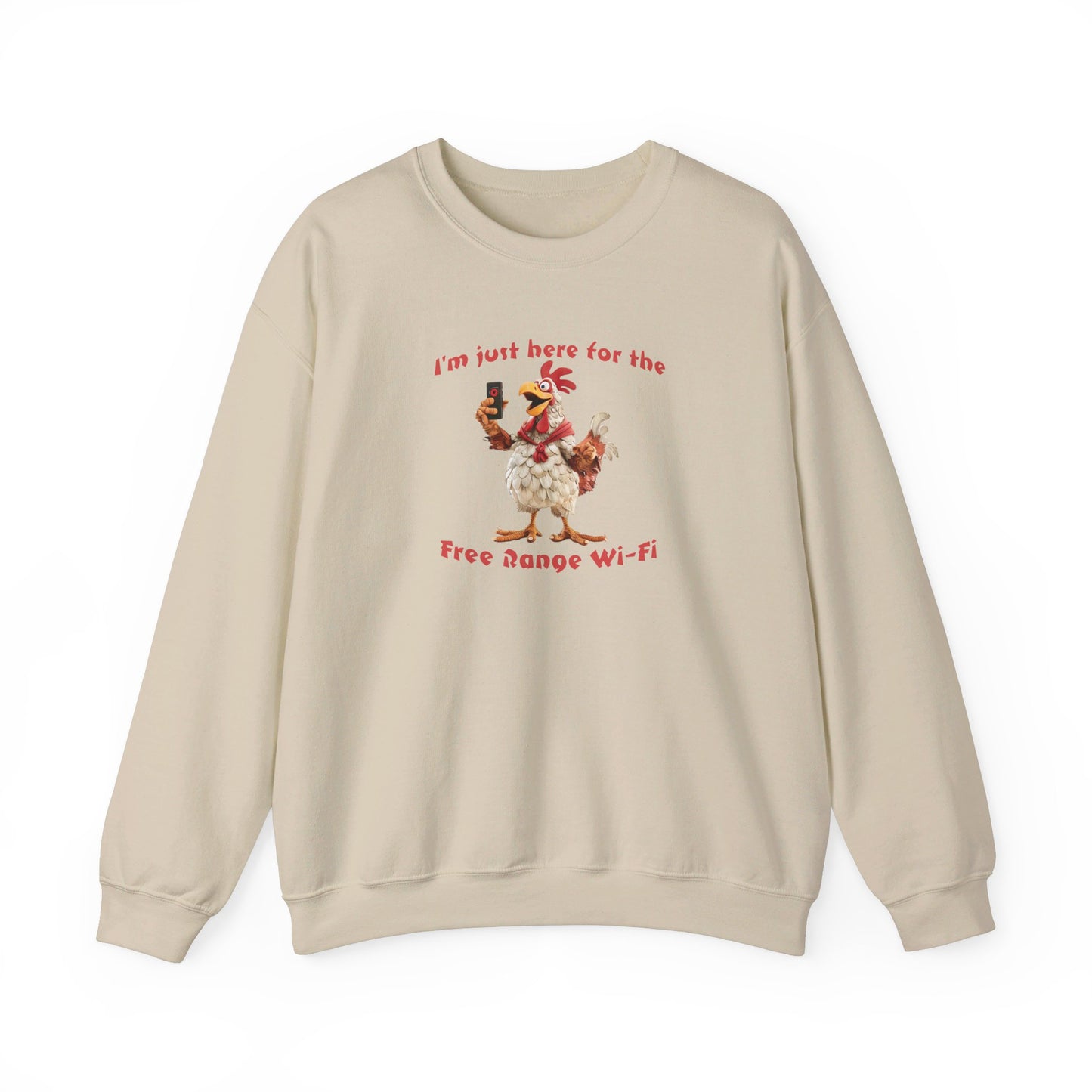 Chicken Funny Print Unisex Crewneck Sweatshirt, 'I'm just here for the free range Wi-Fi', White/Black/Sand/Navy