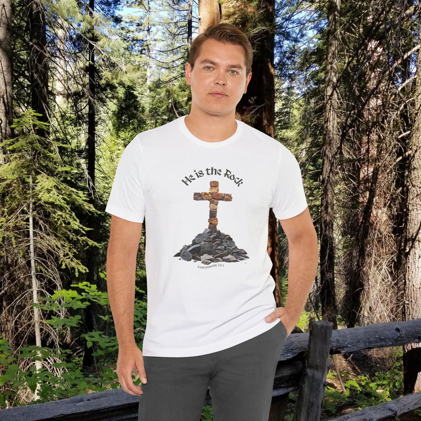 He is the Rock Cross T-Shirt, Small - XL, White or Solid Colors, Unisex Jersey Short Sleeve