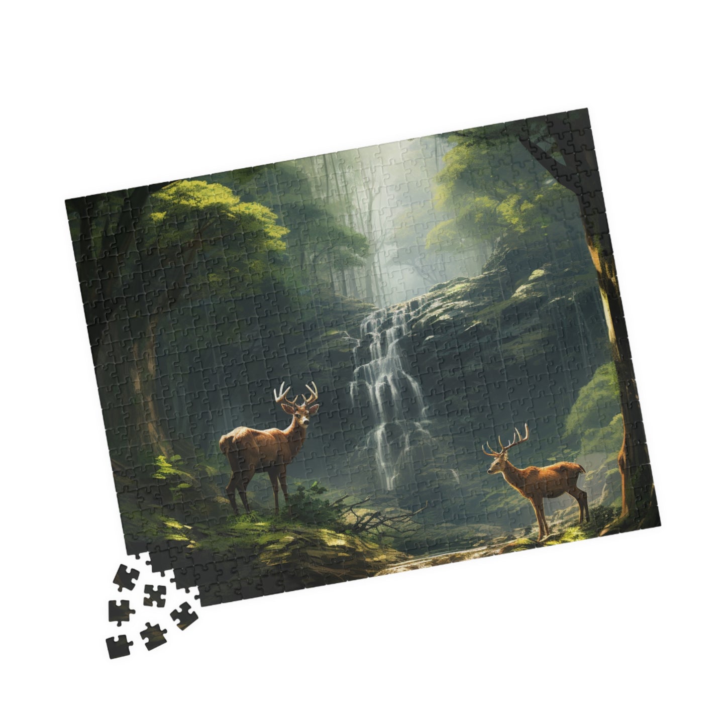 Deer in the Woods Puzzle (500, 1014-piece) | Animal Life Nature Trees Waterfall Light God's Creatures Stag Doe Buck Flora Fauna