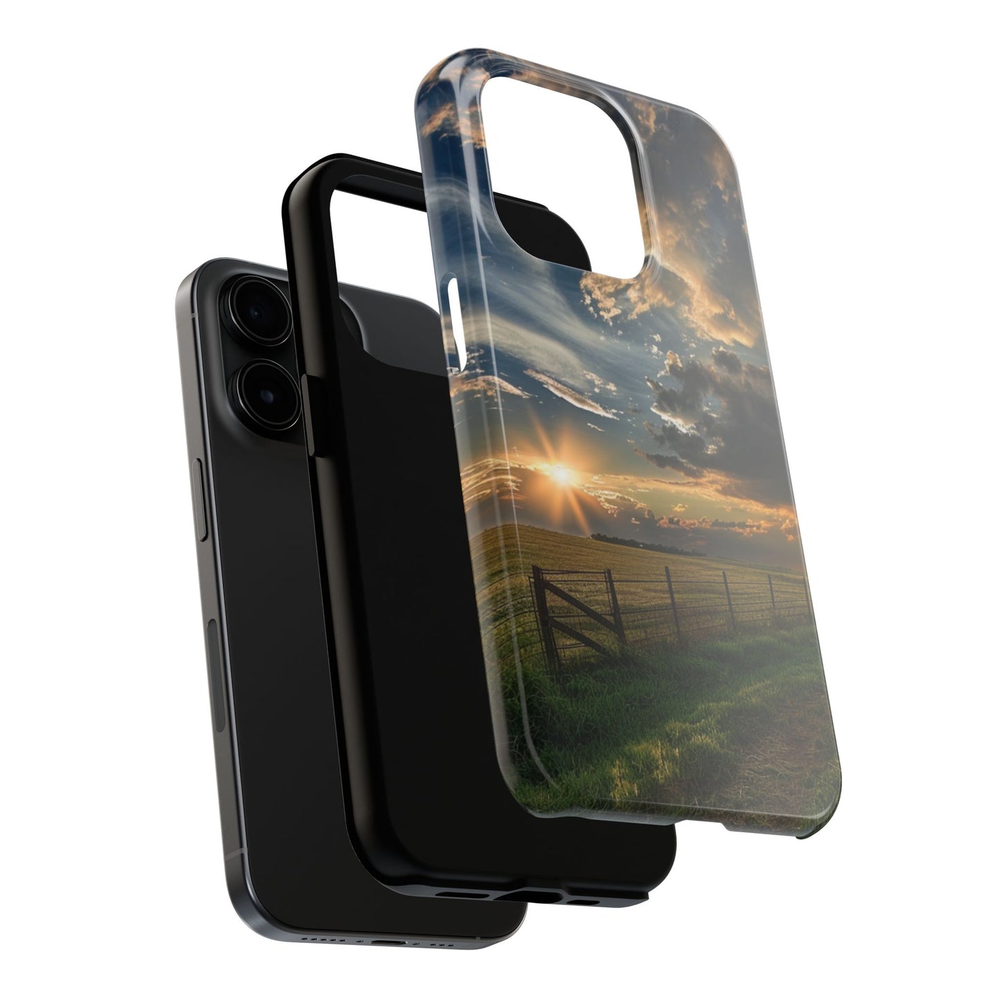 Tough iPhone 15 Series Phone Case, Scenic American Heartland Design, Polycarbonate Shell, TPU Lining, Wireless Charging Compatible