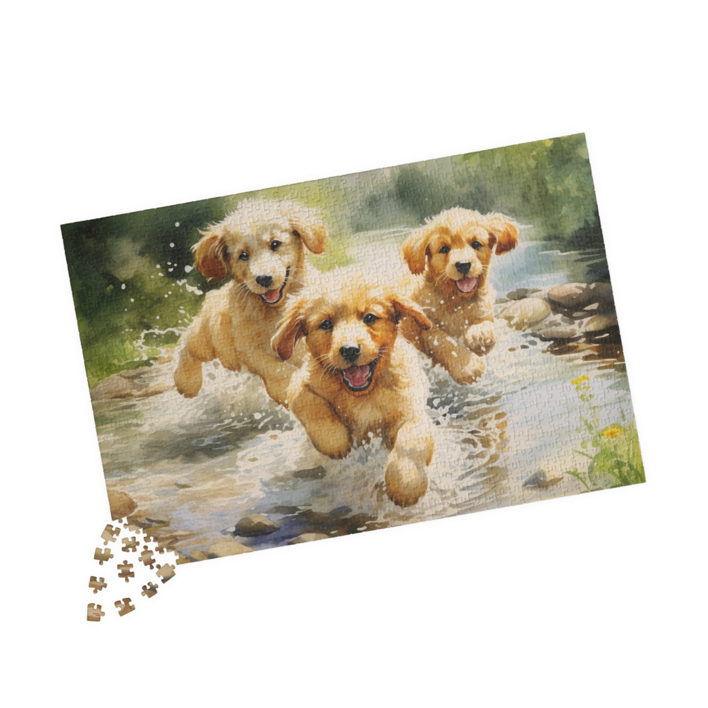 Three Golden Puppies Puzzle Jigsaw Cute Retrievers Playing in Stream Dog Dogs Watercolor Jig Saw