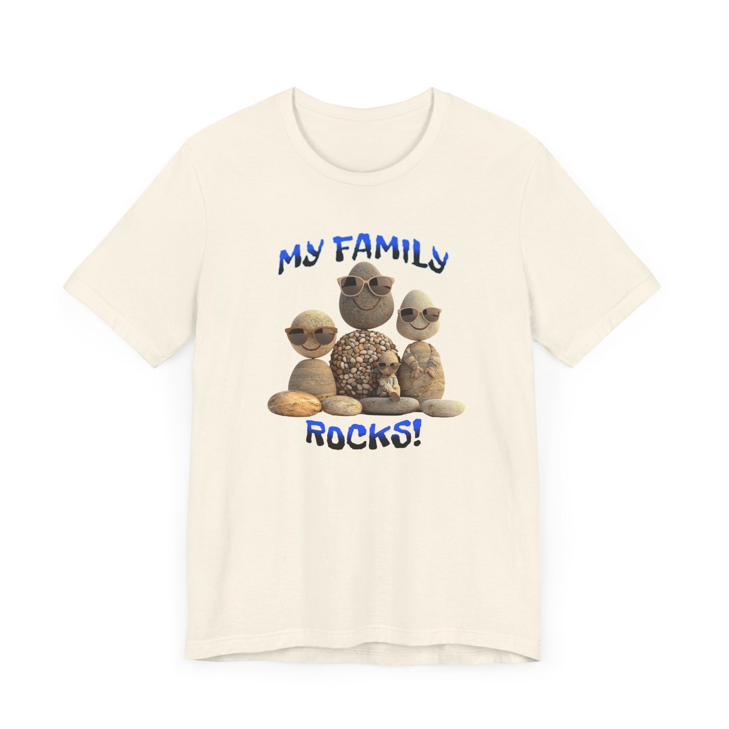 Family Rocks T-Shirt with Cartoon Image, Ribbed Collar, Dual Seams, Tapered Shoulders, 100% Cotton, White, Natural or Baby Blue, S-XL