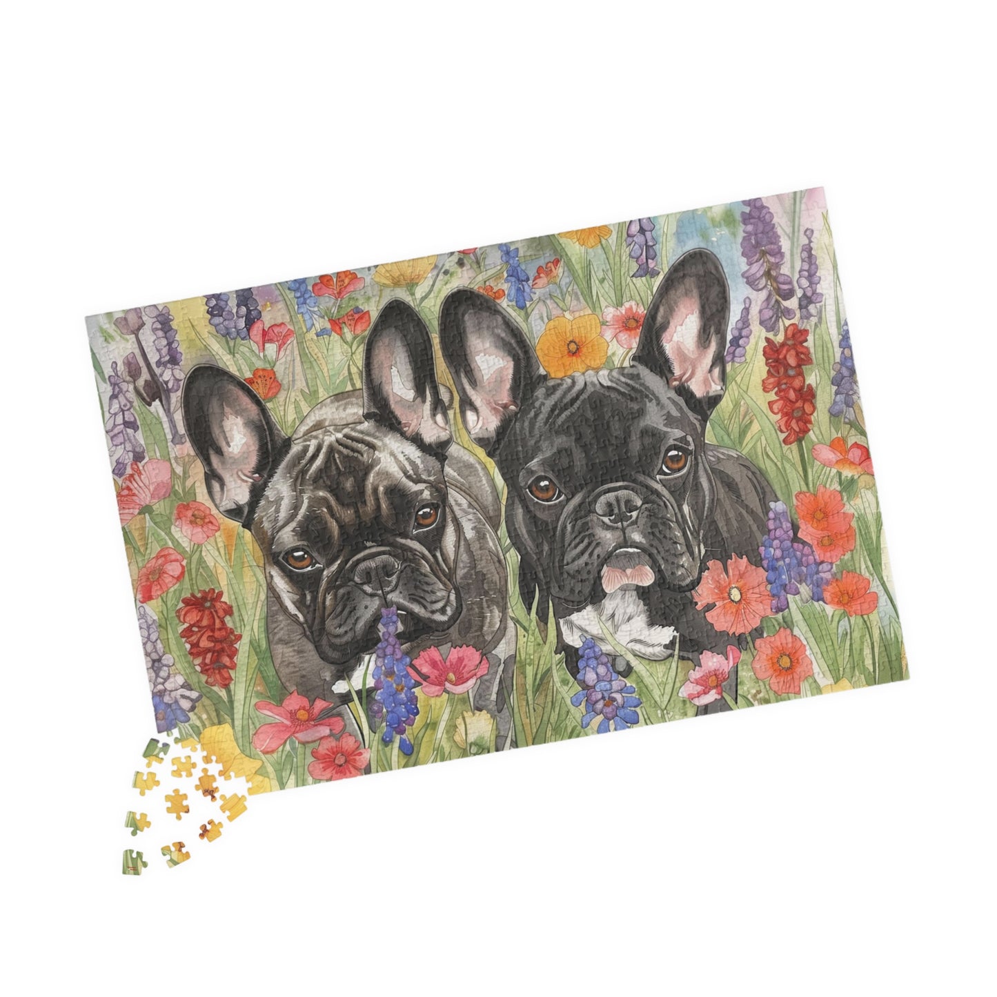 French Bulldogs Puzzle #4(110, 252, 520, 1014-piece) Wildflowers Watercolor Jig Saw Family Pet K9 Canine Friend Buddy Tabletop Game 1000 500