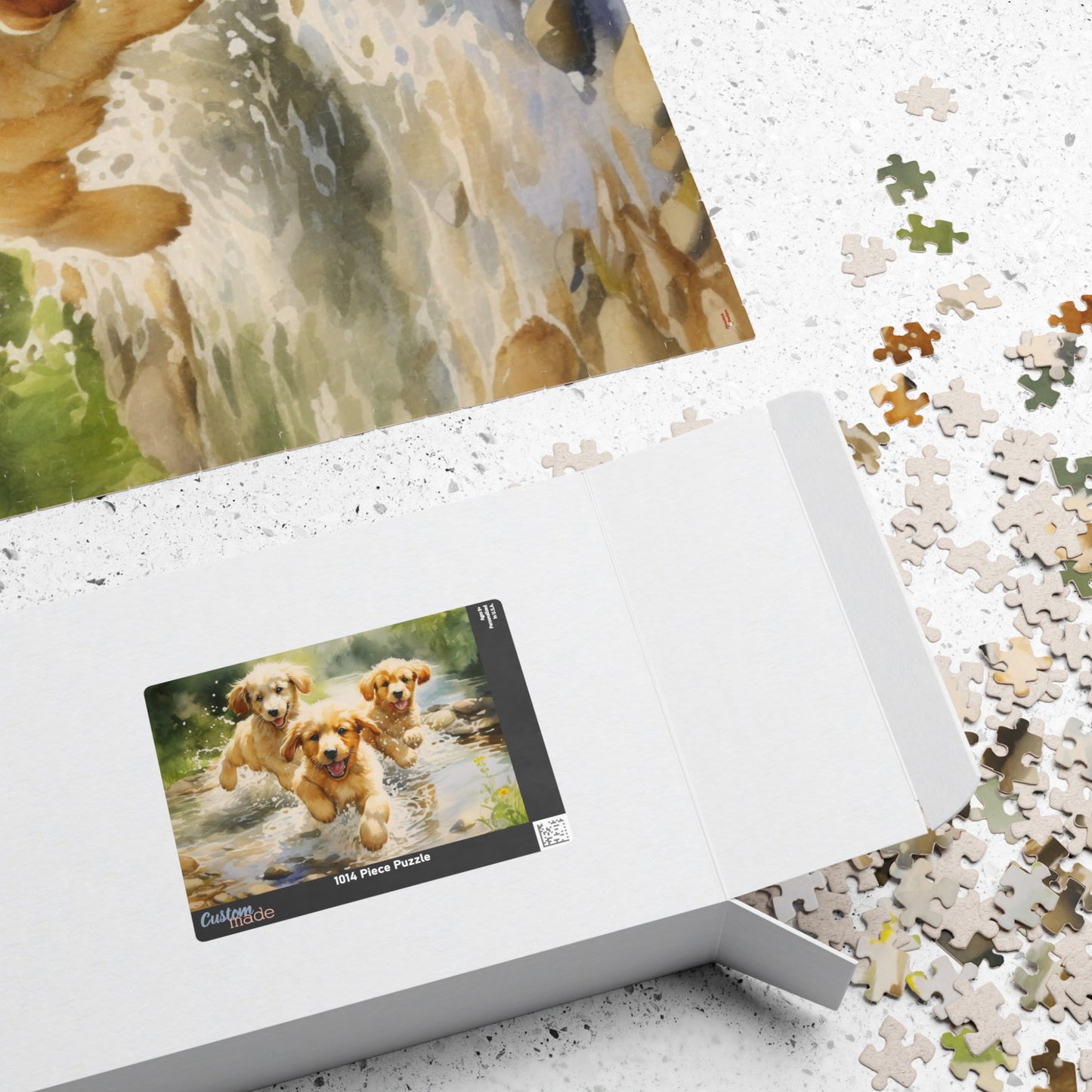 Three Golden Puppies Puzzle Jigsaw Cute Retrievers Playing in Stream Dog Dogs Watercolor Jig Saw