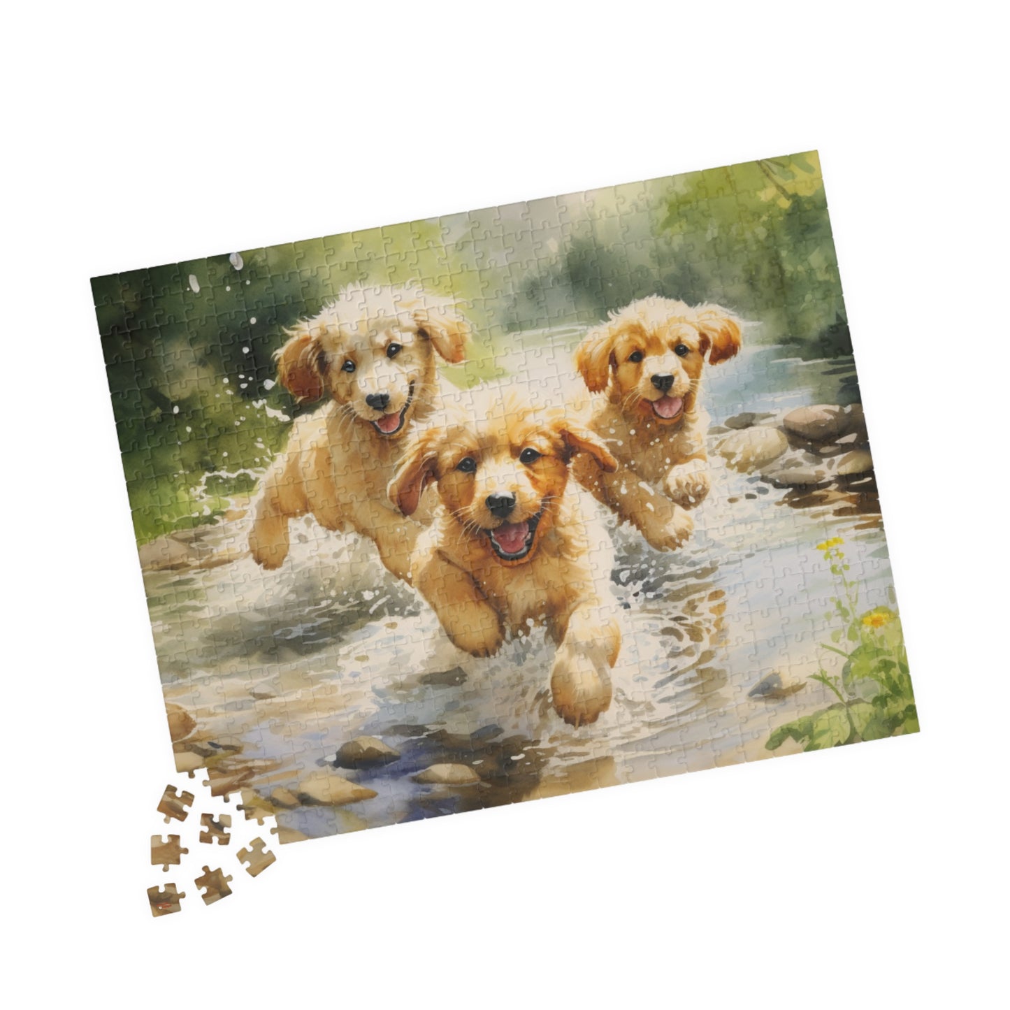 Three Golden Puppies Puzzle Jigsaw Cute Retrievers Playing in Stream Dog Dogs Watercolor Jig Saw