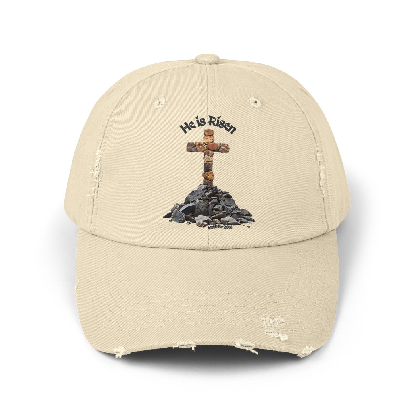 Unisex Distressed Cap with Cross, 'He is Risen' Text, Matthew 28:6 Verse, 7 Colors, One Size, 100% Cotton Twill