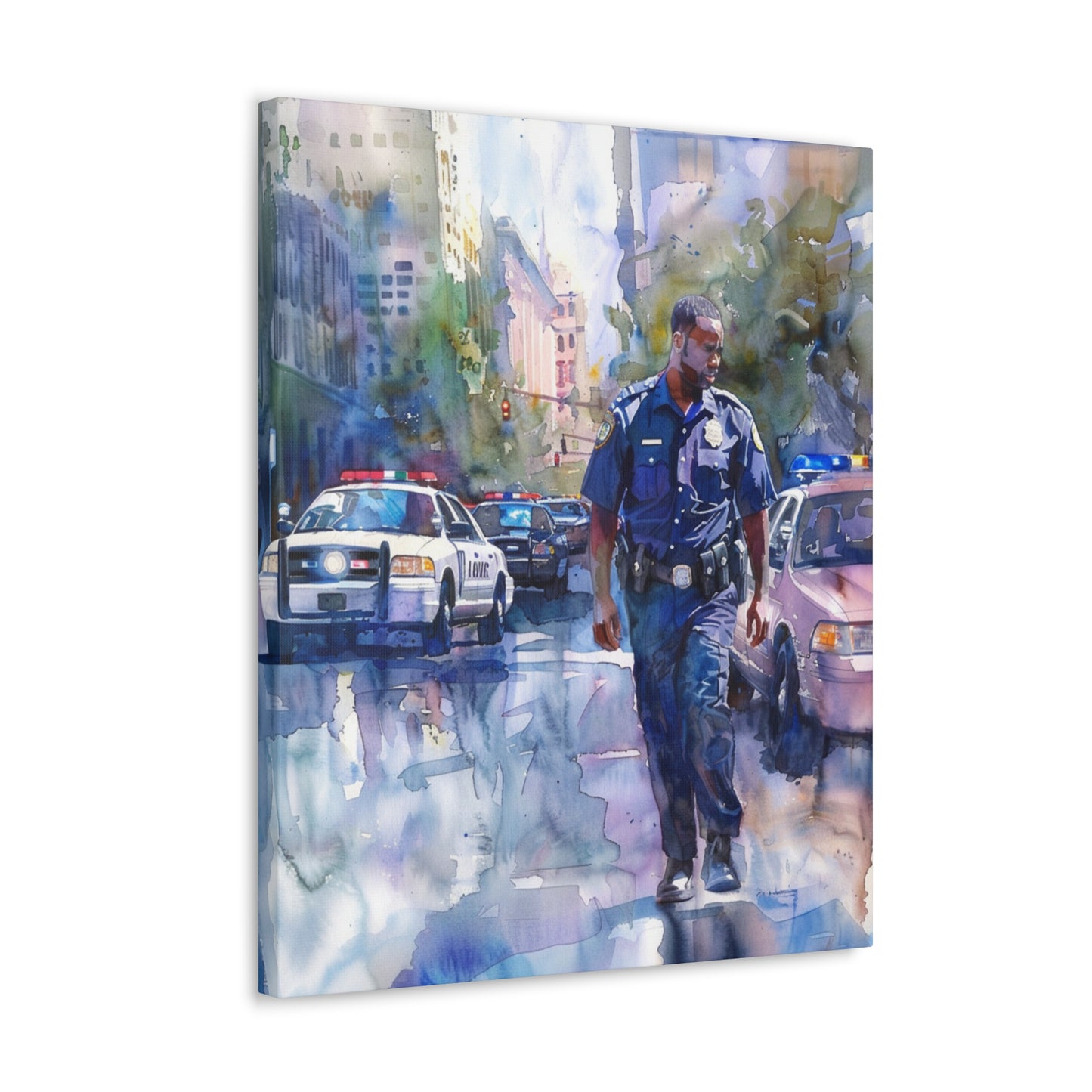 African American Police Officer #1 Canvas Gallery Wraps Watercolor Black Law Enforcement Cop America's Finest Policeman Policemen Artwork