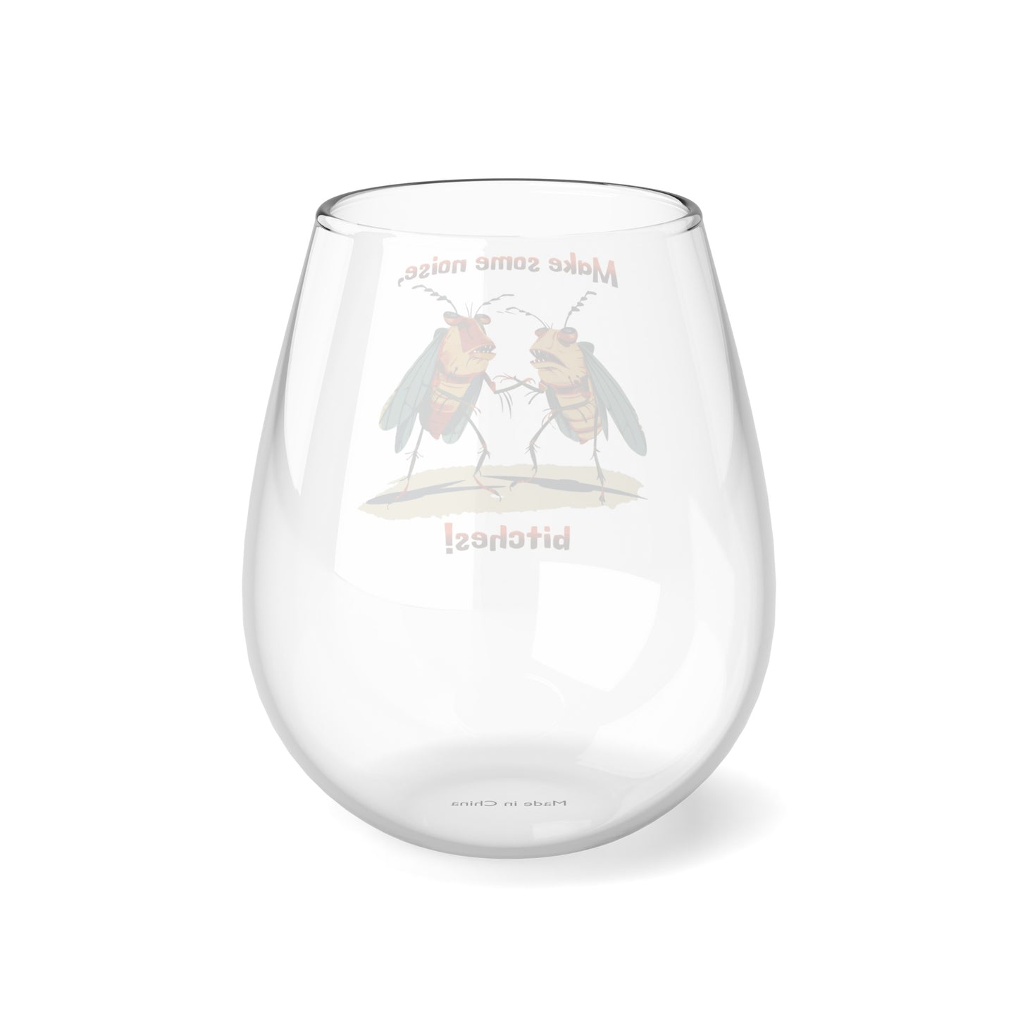 Stemless Wine Glasses, 11.75 oz, Retro Cicada Design, 'Make Some Noise, Bitches!' Print, Glass, Funny