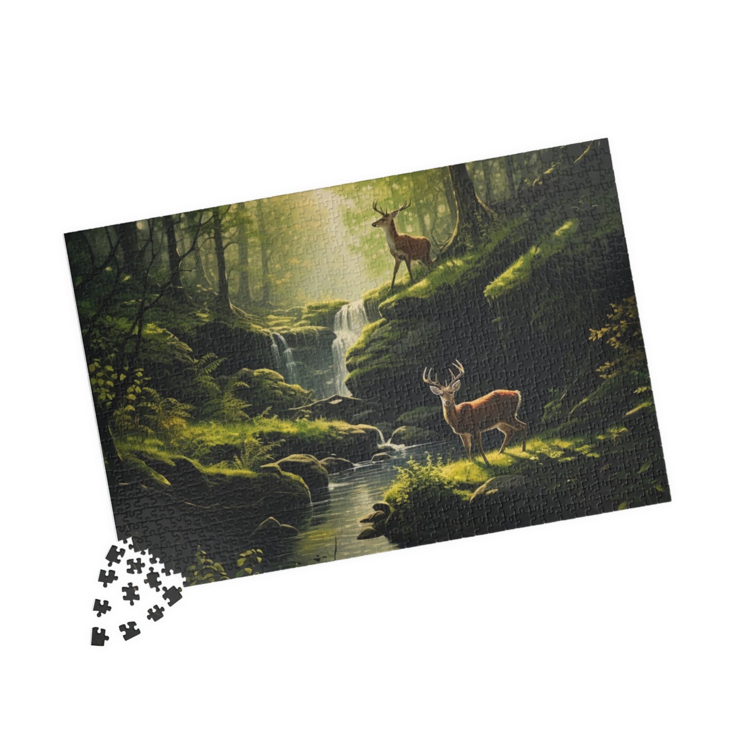 Nature's Wilderness Puzzle (500, 1014-piece) | Animal Life Nature Trees Waterfall Light God's Creatures Stag Doe Buck Flora Fauna