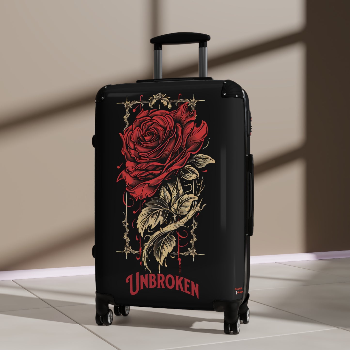 Unbroken Rose Design Hard-Shell Suitcases, Telescopic Handle, 360° Wheels, Locks, Carry-On, Medium, Large