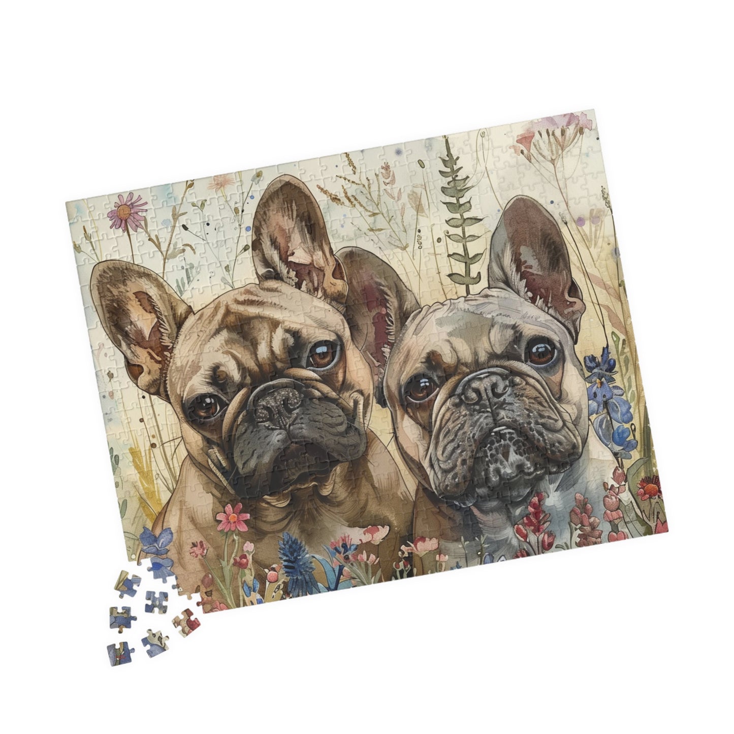 French Bulldog Pups Puzzle in Wildflowers (110, 252, 520, 1014-piece) Wildflowers Watercolor Jig Saw Family Pet K9 Canine Friend Buddy Tabletop Game 1000 500