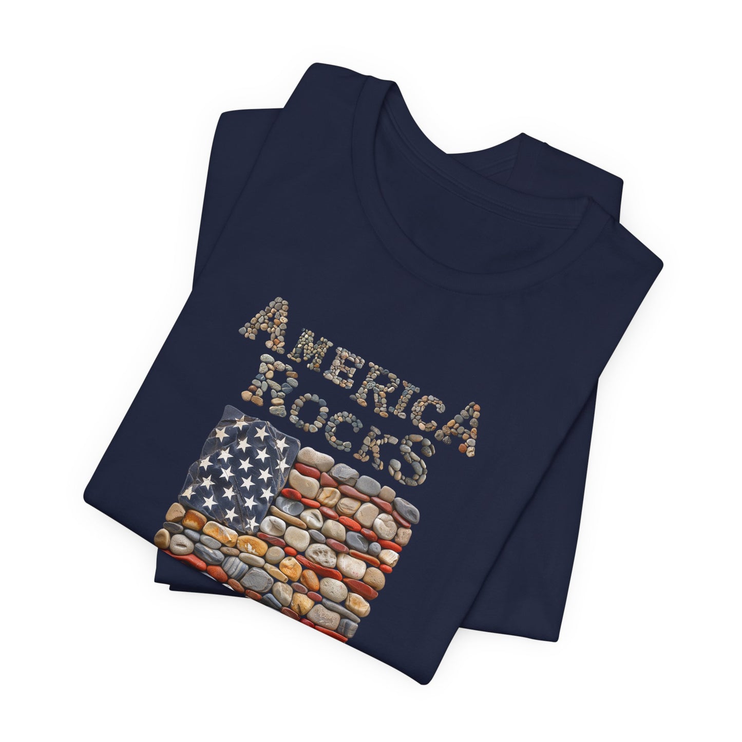 America Rocks T-Shirt, Cotton Blend Crew Neck Tee, White, Black or Navy, Featuring American Flag Design