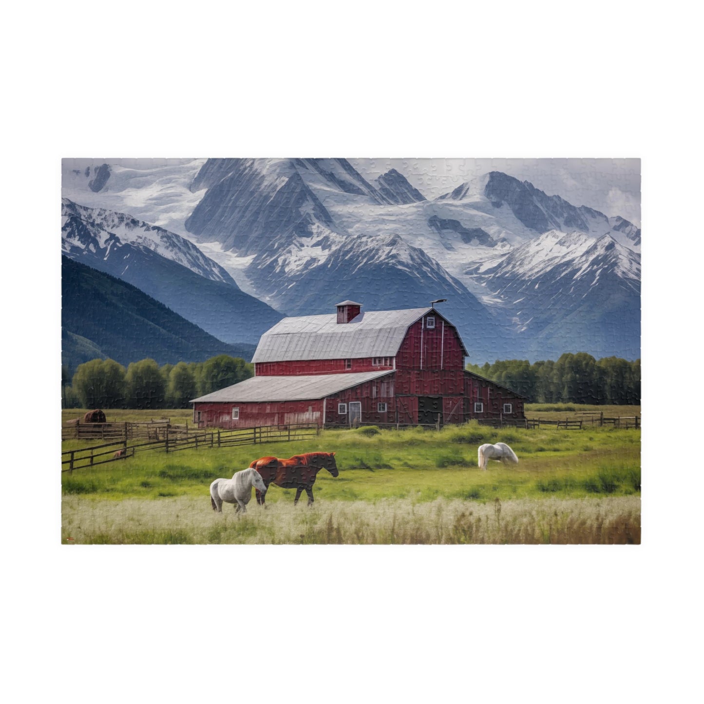 Country Scenic Puzzle with Red Barn, Horses, Mountains, 110-1014 Pieces Beautiful Scenic Country Living Horses Jig Saw America Family Fun Tabletop Indoor Games