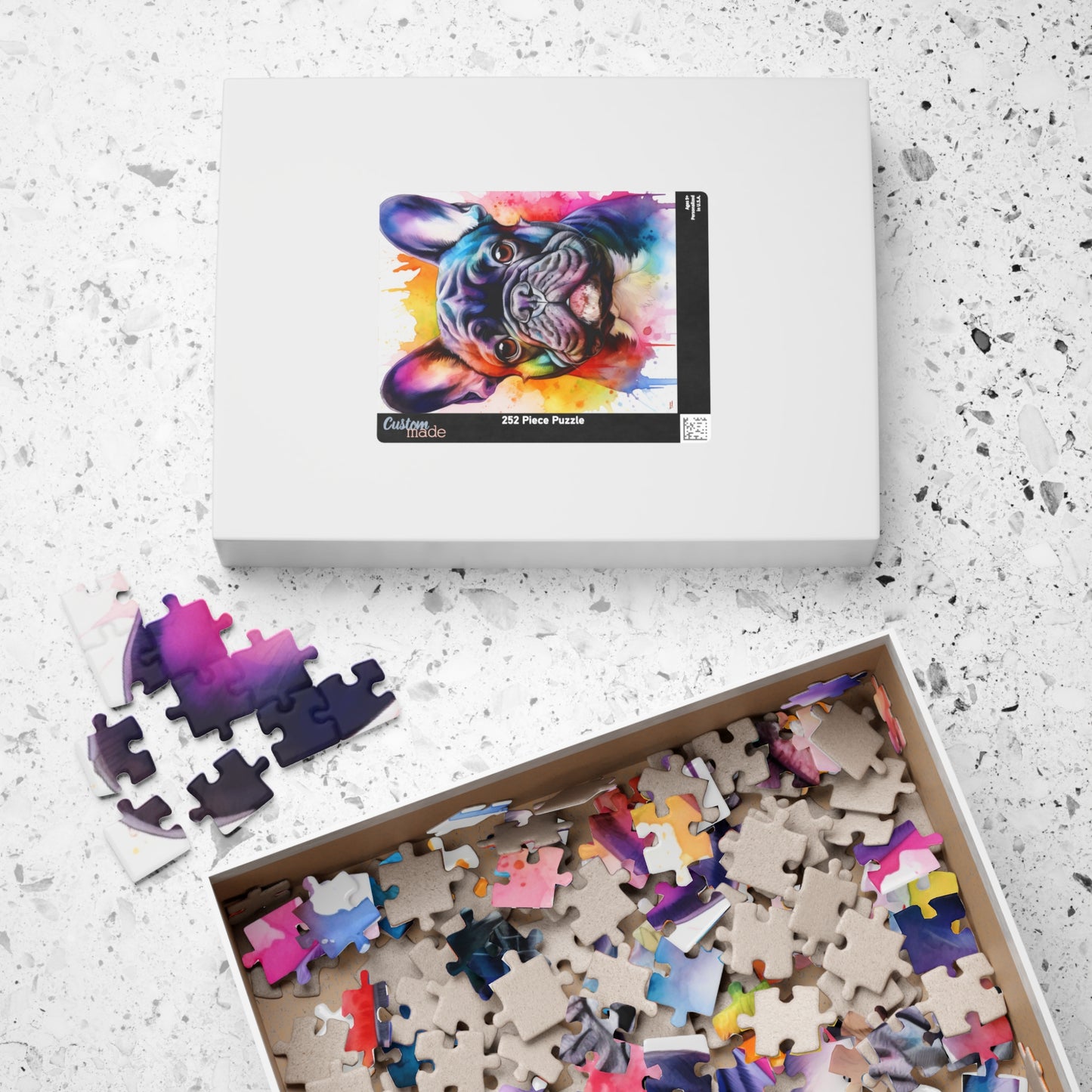 French Bulldog Color Blast Puzzle (110, 252, 520, 1014-piece) Watercolor Jigsaw Jig Saw Family Pet K9 Canine Friend Buddy Tabletop Game