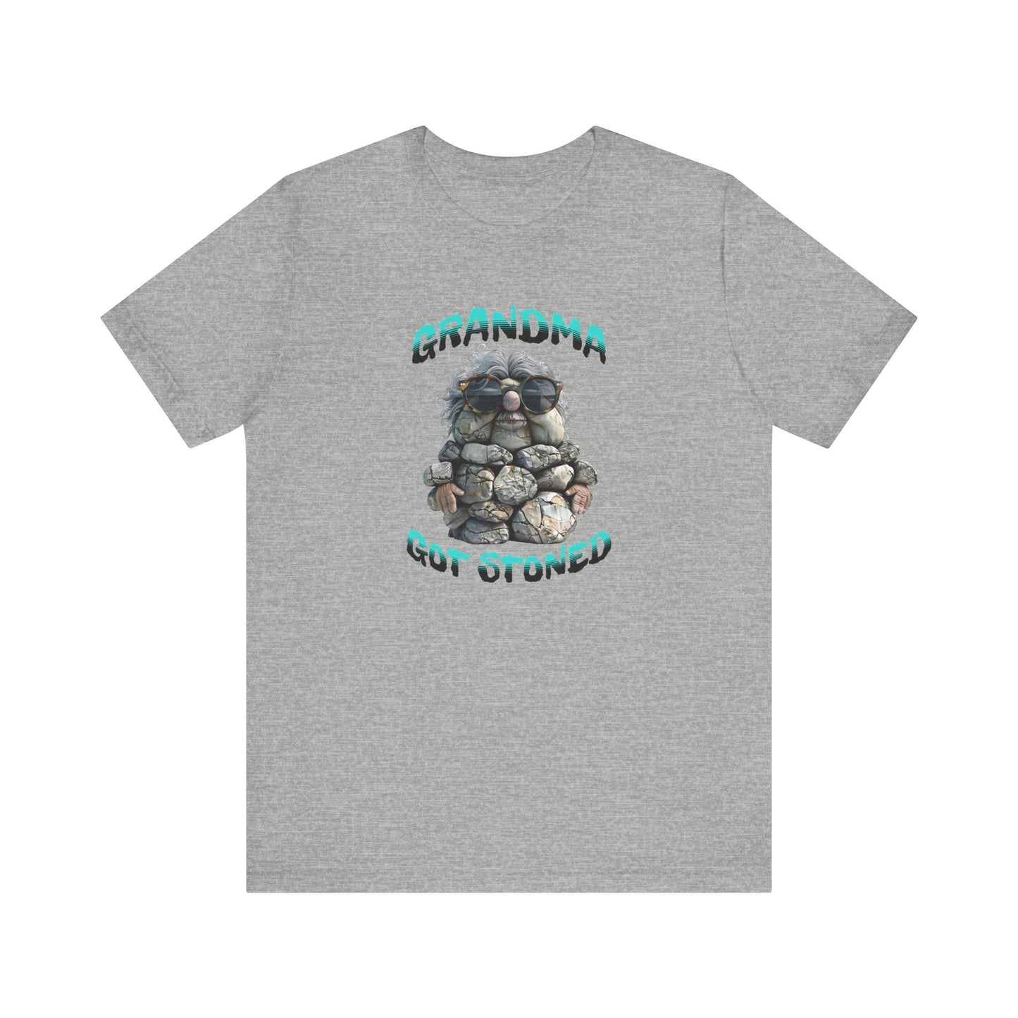 Grandma Got Stoned T-Shirt, Cartoon Rock Grandma Design, Ribbed Collar, Dual Seams, Tapered Shoulders, Cotton Blend, S-XL, White, Natural, Athletic Heather