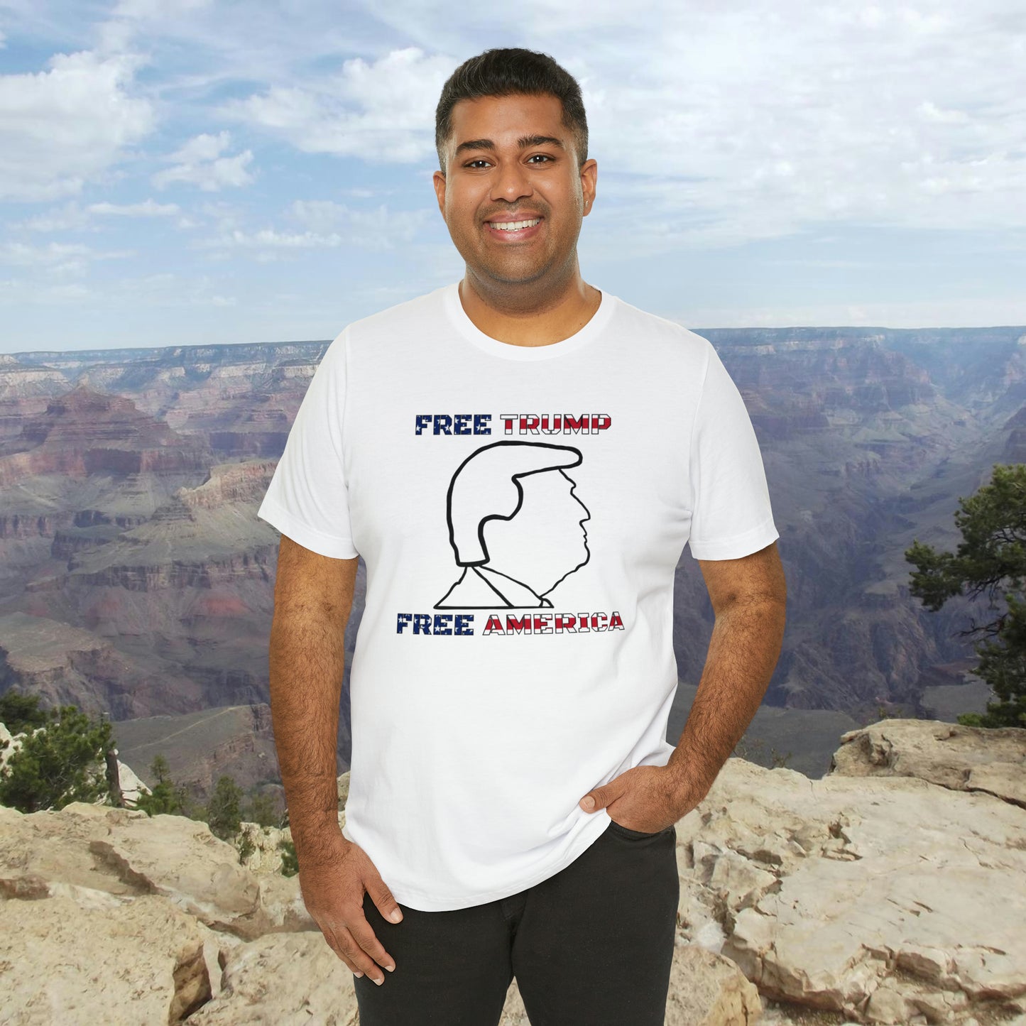 Free Trump Free America Unisex Jersey Short Sleeve Tee | MAGA America First POTUS 45 Donald American Freedom Save USA Republican 2024