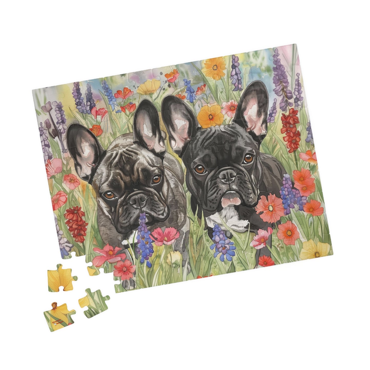 French Bulldogs Puzzle #4(110, 252, 520, 1014-piece) Wildflowers Watercolor Jig Saw Family Pet K9 Canine Friend Buddy Tabletop Game 1000 500