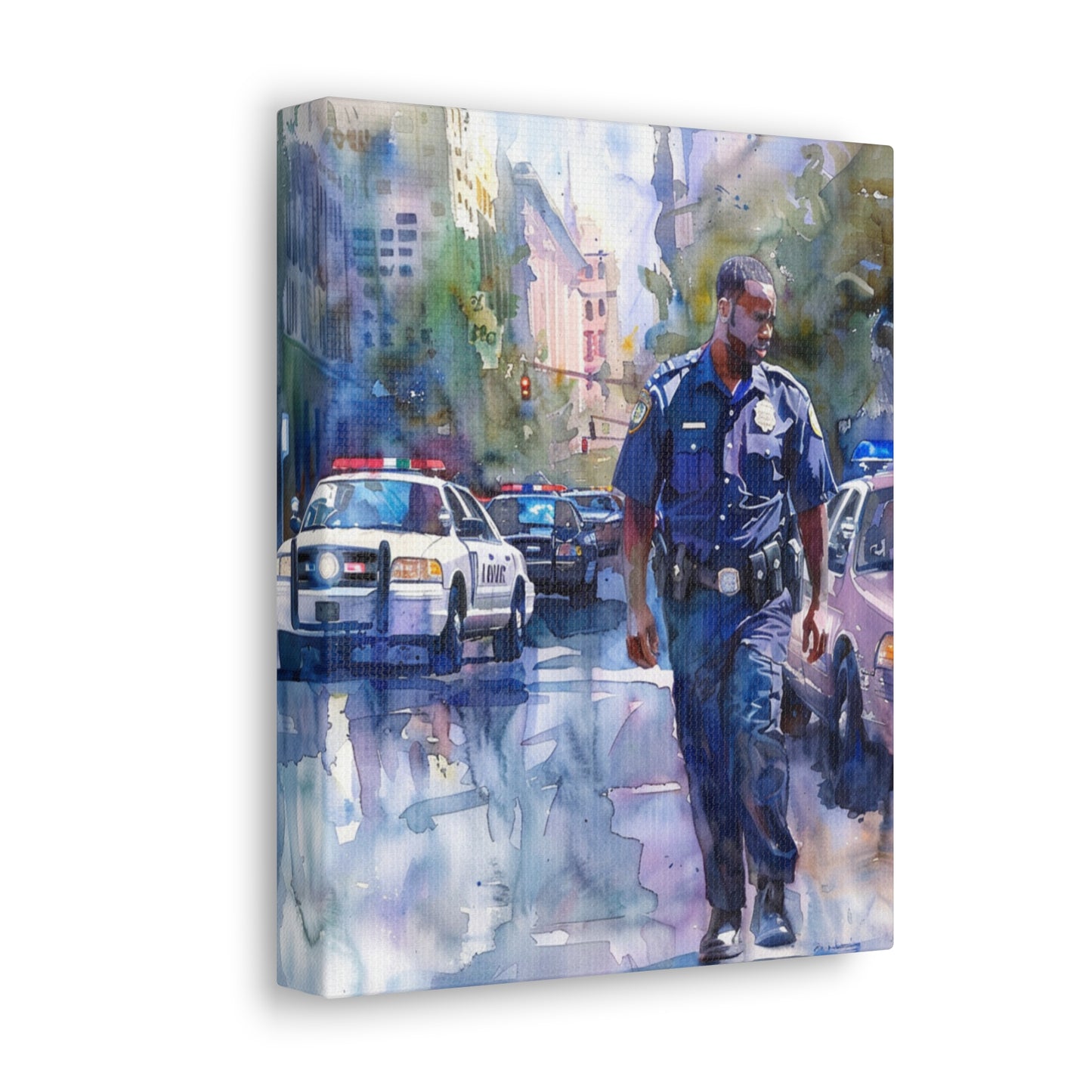 African American Police Officer #1 Canvas Gallery Wraps Watercolor Black Law Enforcement Cop America's Finest Policeman Policemen Artwork