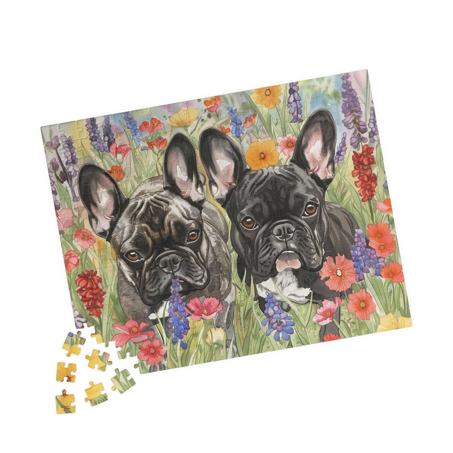 French Bulldogs Puzzle #4(110, 252, 520, 1014-piece) Wildflowers Watercolor Jig Saw Family Pet K9 Canine Friend Buddy Tabletop Game 1000 500