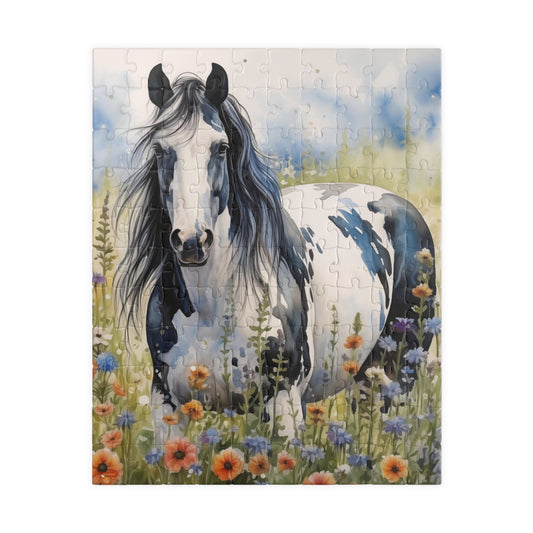 American Paint Horse Puzzle in Wildflowers Field (110, 252, 520, 1014-piece) Equine Quarter Equestrienne Pony Stallion Mare Racehorse Colt Filly Animals Steed Jig Saw