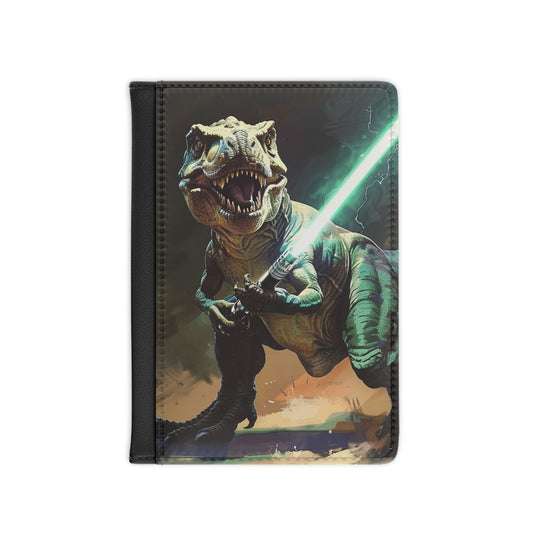 Dinosaur Passport Cover, T-Rex Holding Lightsaber Print, Black Faux Leather, 3.9" x 5.8", RFID Blocking, Card/Cash Pockets