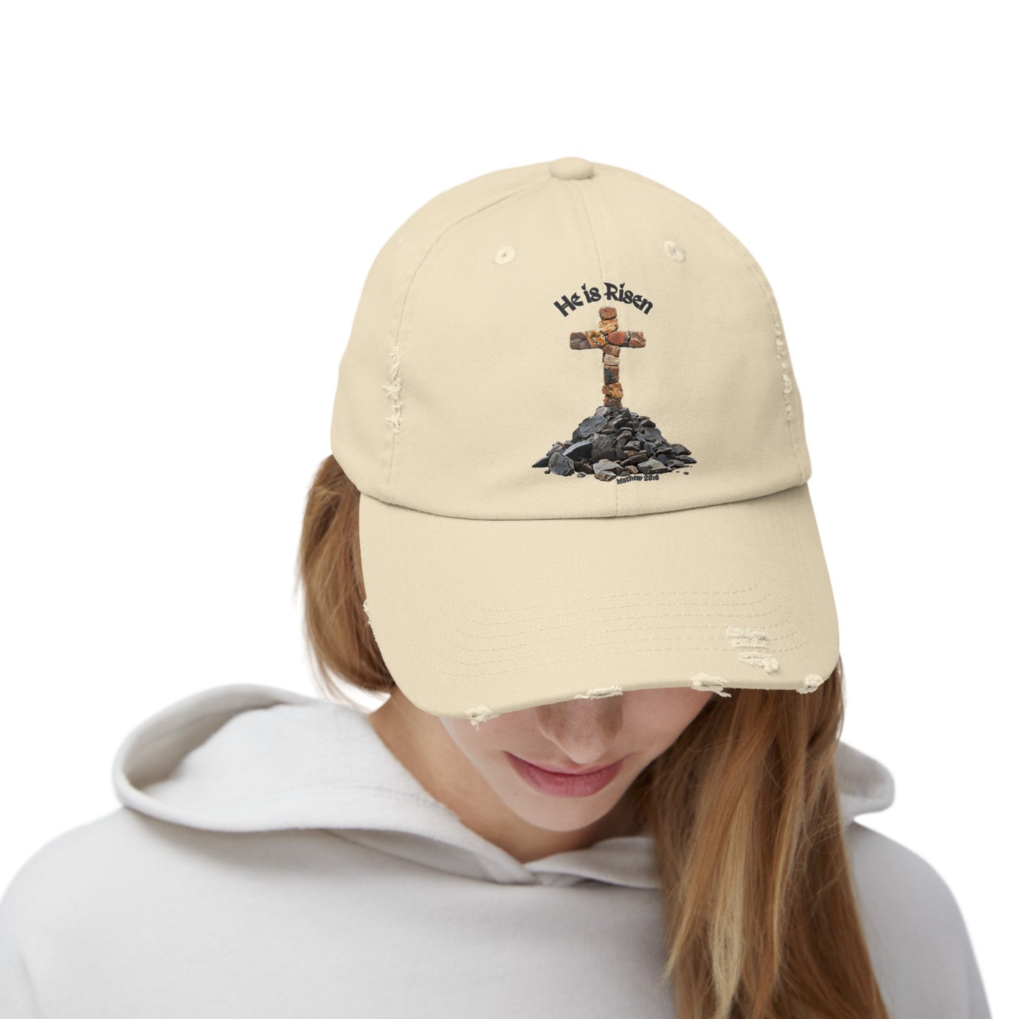 Unisex Distressed Cap with Cross, 'He is Risen' Text, Matthew 28:6 Verse, 7 Colors, One Size, 100% Cotton Twill