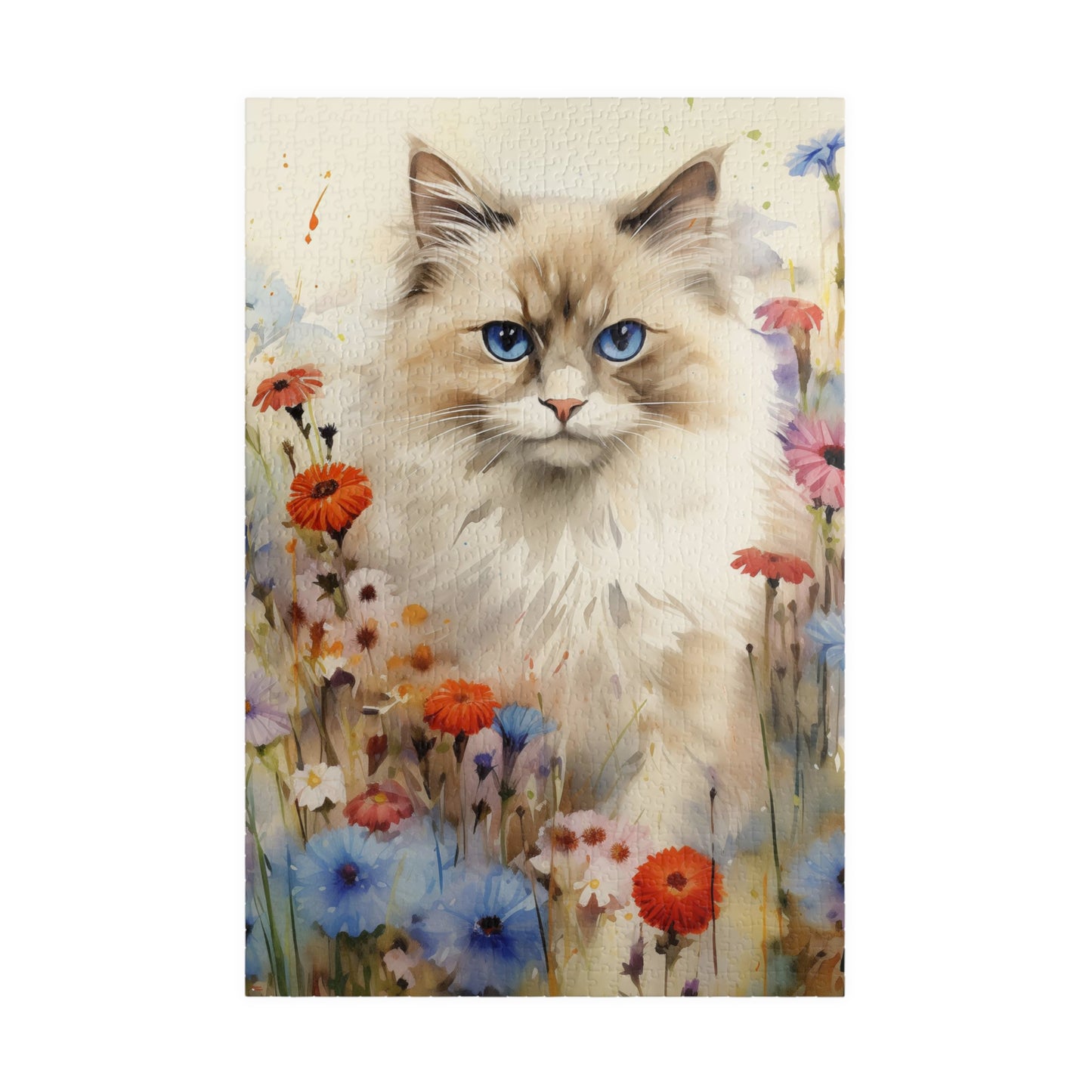 Ragdoll Cat in Wildflowers Watercolor Puzzle, 100% Chipboard, 110-1014 Pieces, Glossy Laminated Finish Feline Pussycat Kitten Family Pet Jig Saw Animals Girls Women Lady