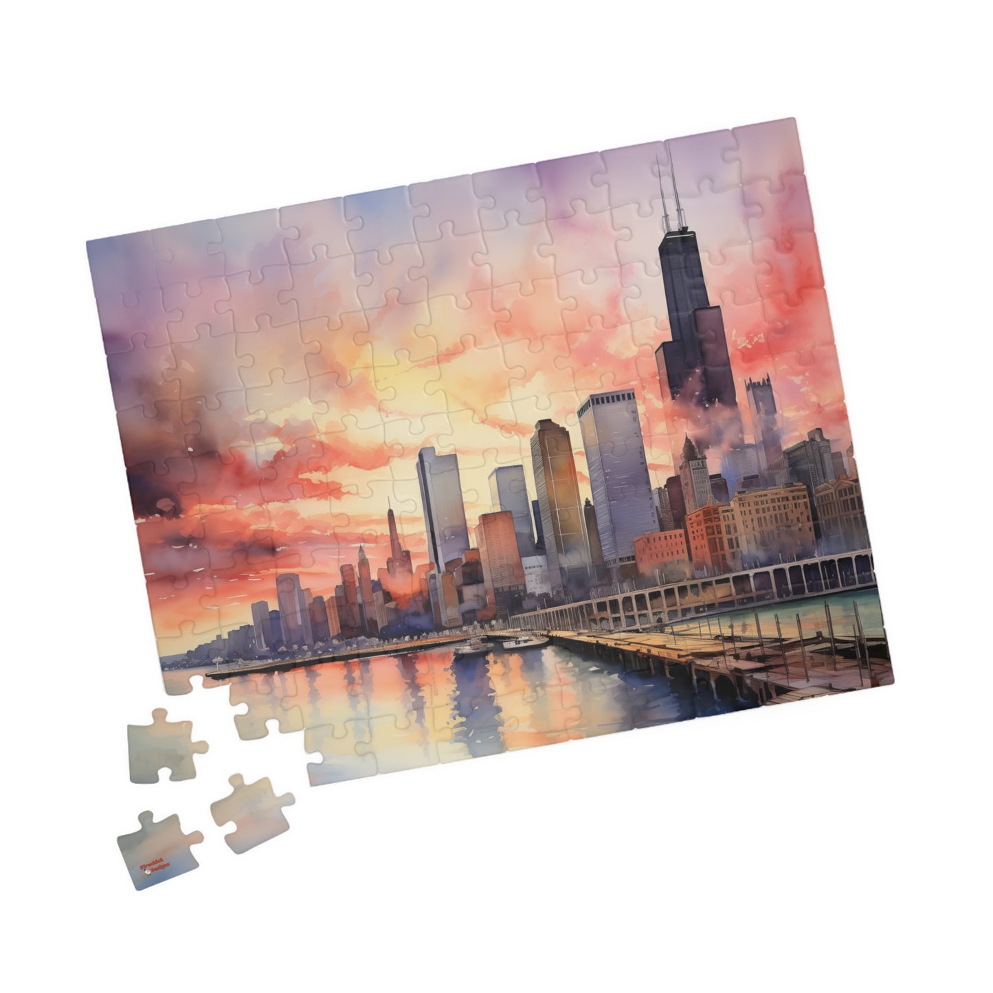 Chicago Skyline Puzzle (110, 252, 520, 1014-piece) Watercolor 1000 Piece Windy City Skyline Chi-town Jig Saw Painting Wall Art Family Games