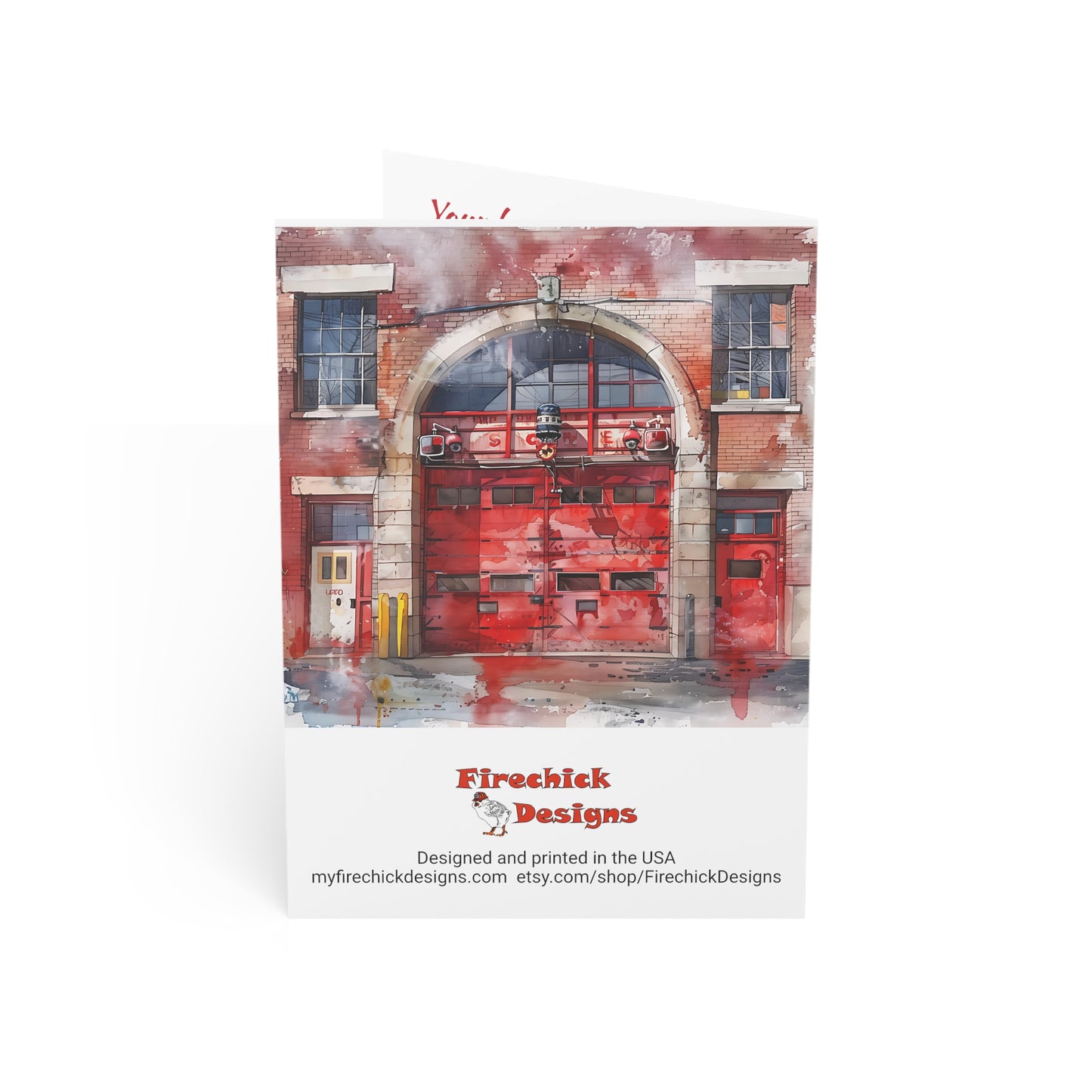 Firefighter Retirement Congratulations Greeting Card (1ea. or 10 pack), 5x7 inches, 270gsm Paper, Watercolor Fire Station Design, Envelope Included