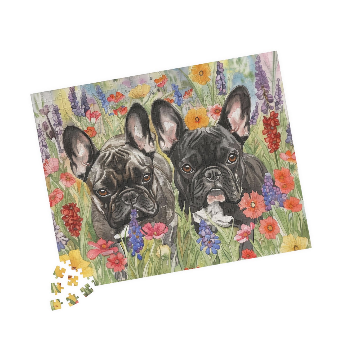 French Bulldogs Puzzle #4(110, 252, 520, 1014-piece) Wildflowers Watercolor Jig Saw Family Pet K9 Canine Friend Buddy Tabletop Game 1000 500