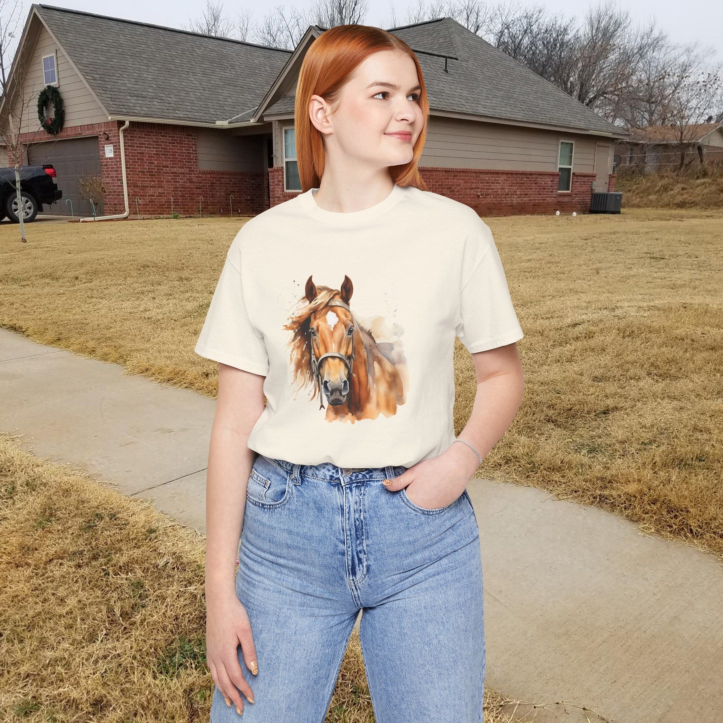 Horse Print T-Shirt, Short Sleeve, White or Natural, Ring-Spun Cotton, Horse Image, Comfort Fit, American Quarter Horse