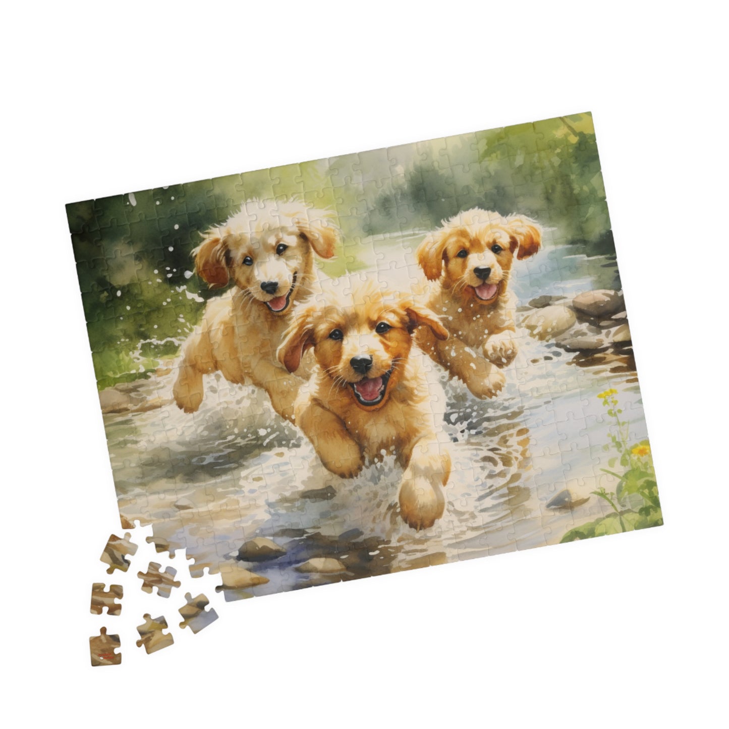 Three Golden Puppies Puzzle Jigsaw Cute Retrievers Playing in Stream Dog Dogs Watercolor Jig Saw