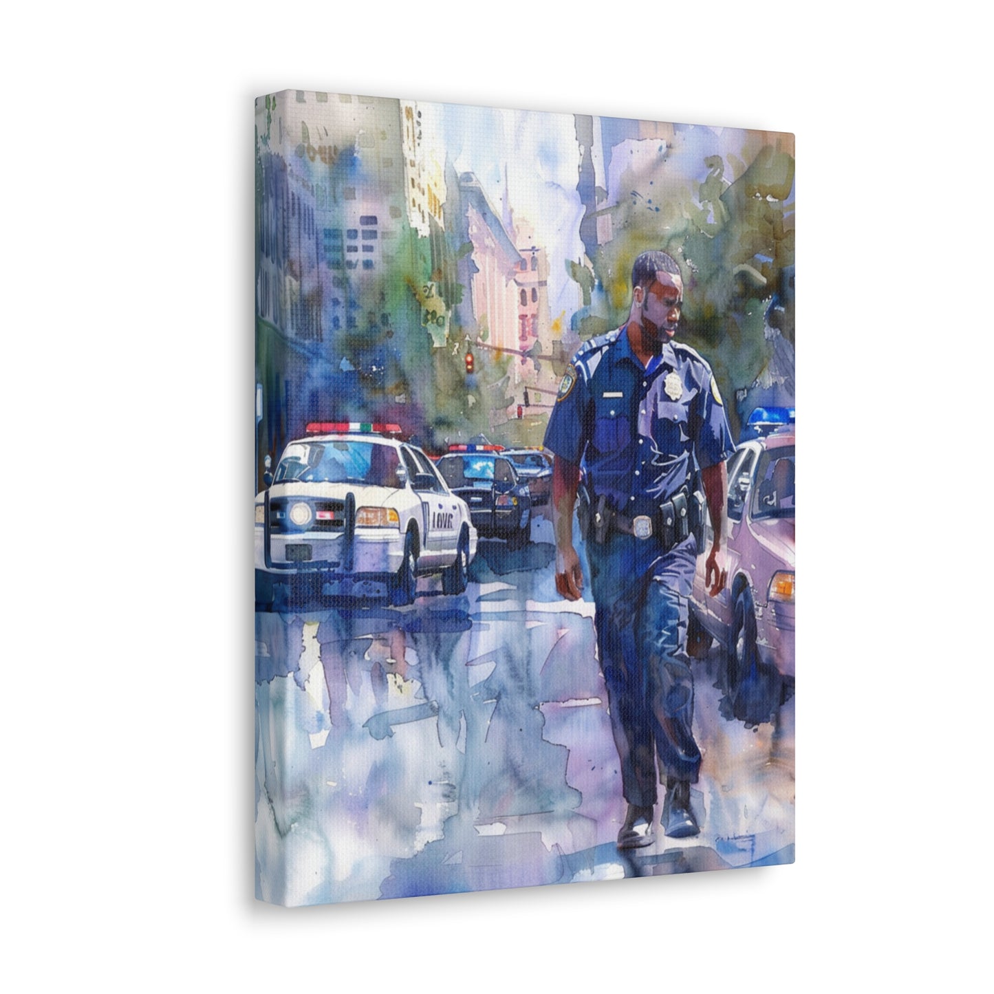 African American Police Officer #1 Canvas Gallery Wraps Watercolor Black Law Enforcement Cop America's Finest Policeman Policemen Artwork