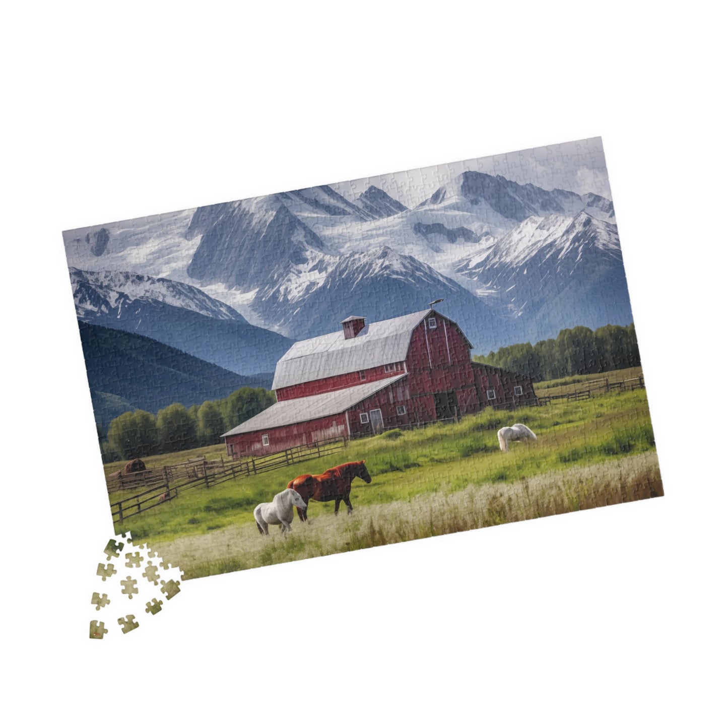 Country Scenic Puzzle with Red Barn, Horses, Mountains, 110-1014 Pieces Beautiful Scenic Country Living Horses Jig Saw America Family Fun Tabletop Indoor Games