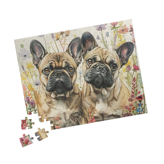 French Bulldog Flower Garden Puzzle (110, 252, 520, 1014-piece) Wildflowers Watercolor Jig Saw Family Pet K9 Canine Friend Buddy Tabletop Game 1000 500