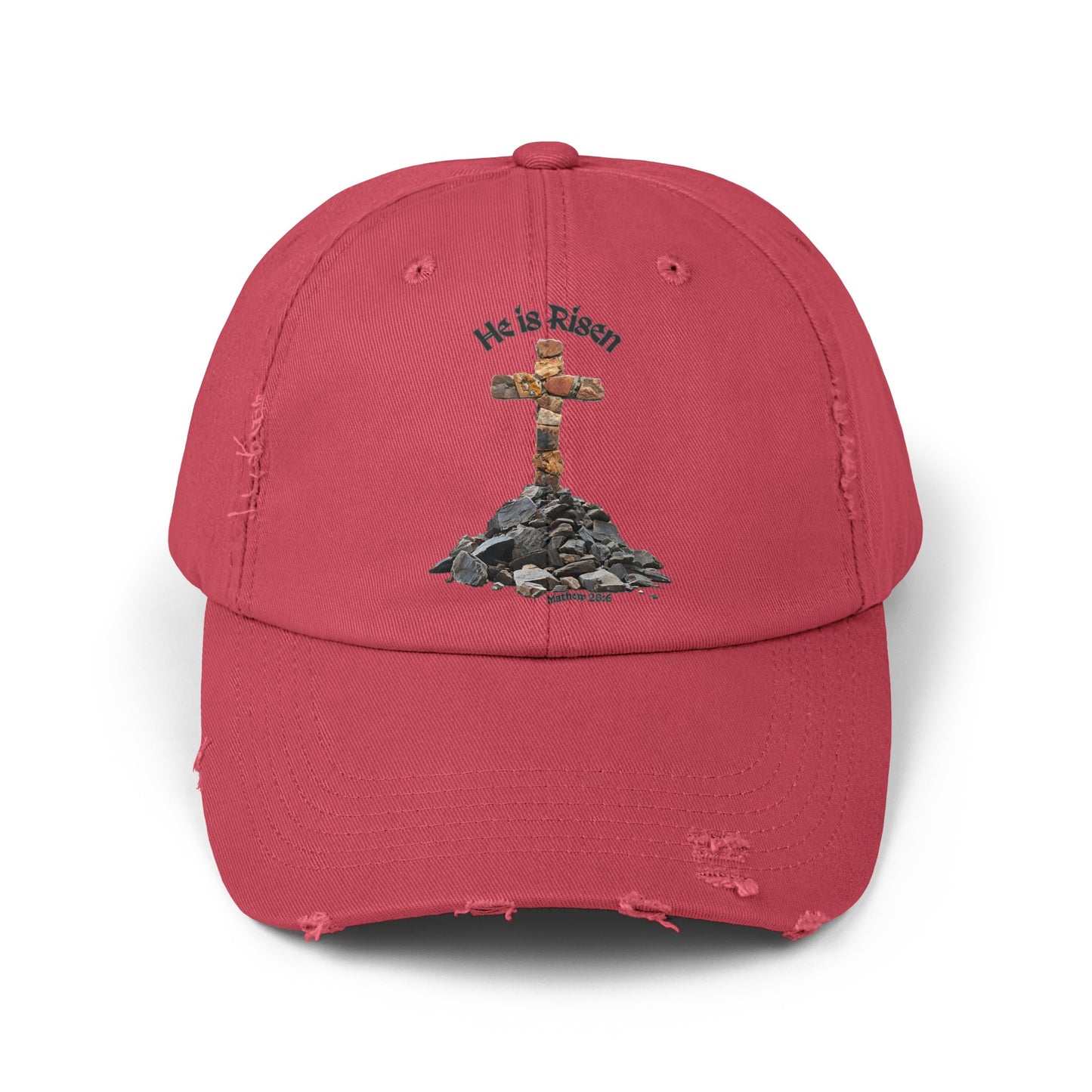 Unisex Distressed Cap with Cross, 'He is Risen' Text, Matthew 28:6 Verse, 7 Colors, One Size, 100% Cotton Twill