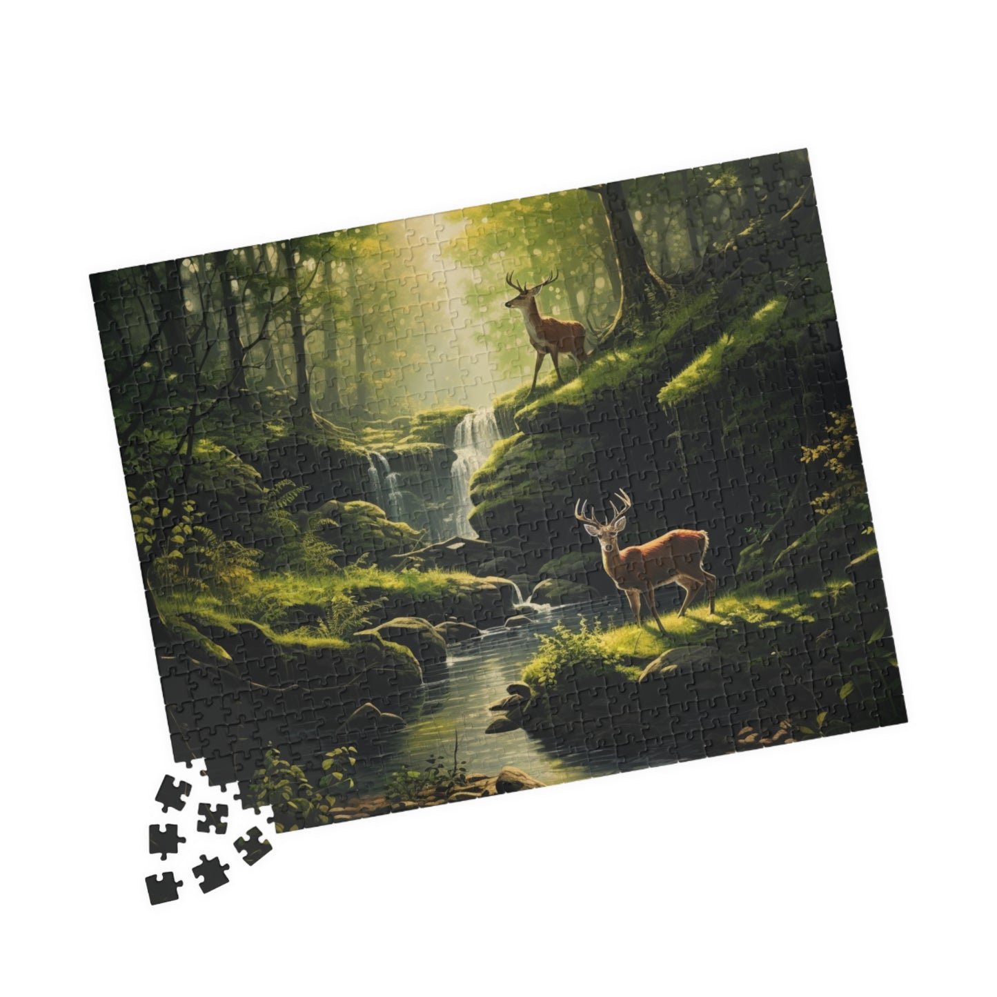 Nature's Wilderness Puzzle (500, 1014-piece) | Animal Life Nature Trees Waterfall Light God's Creatures Stag Doe Buck Flora Fauna