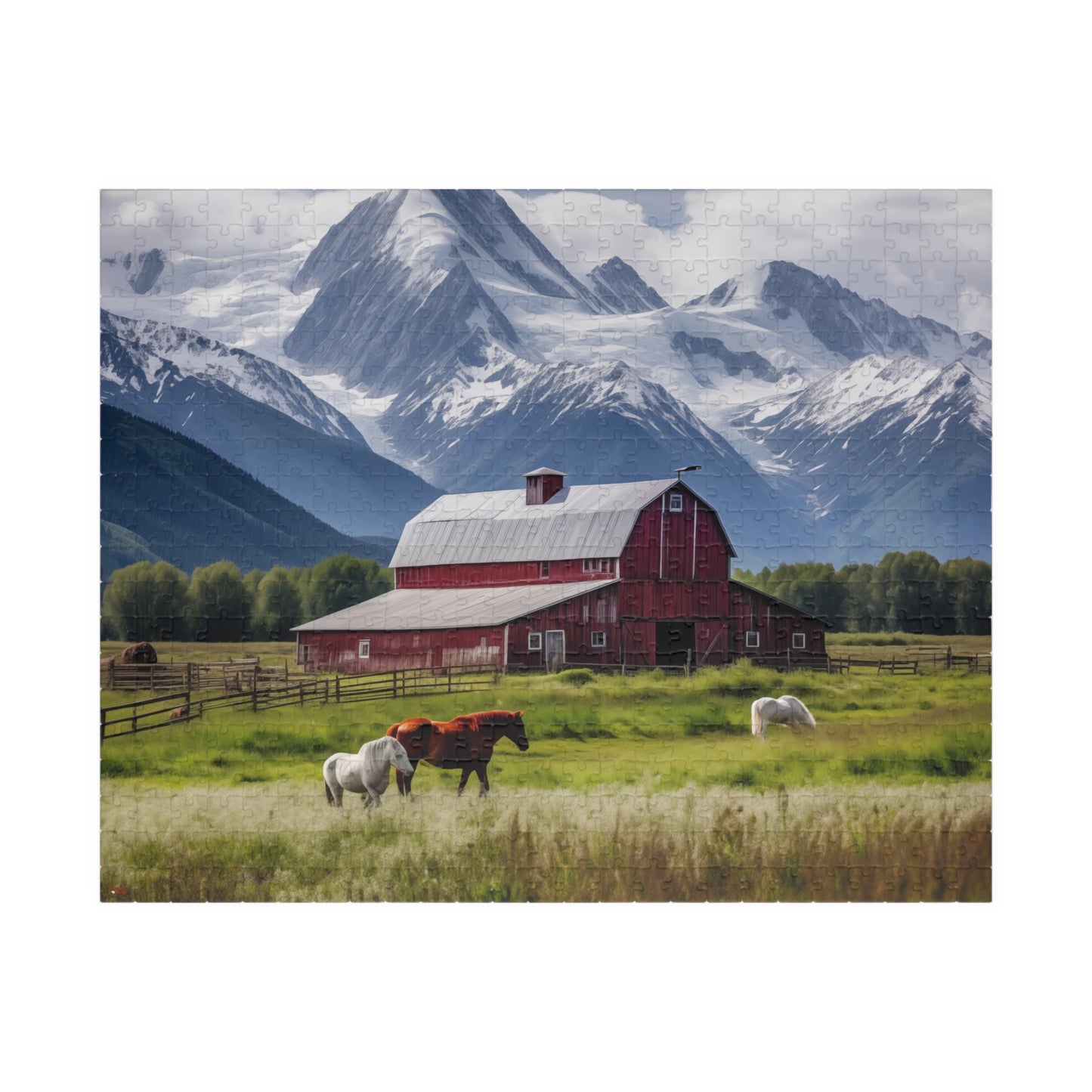 Country Scenic Puzzle with Red Barn, Horses, Mountains, 110-1014 Pieces Beautiful Scenic Country Living Horses Jig Saw America Family Fun Tabletop Indoor Games