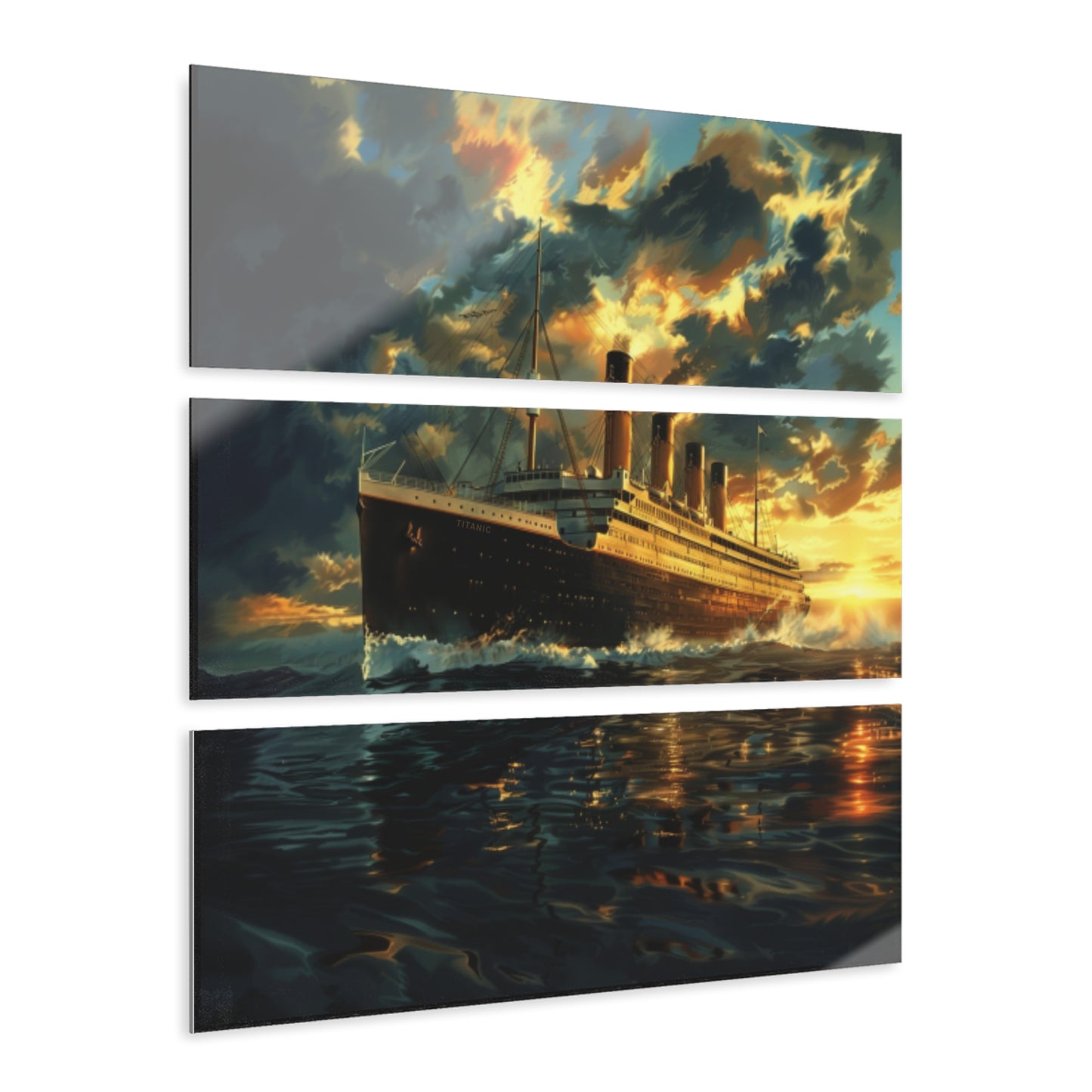 Titanic Acrylic Wall Art Triptych, 36x12 inches Horizontal or 12x36 inches Vertical, Watercolor Image, Hand Polished, Includes Hanging Hardware