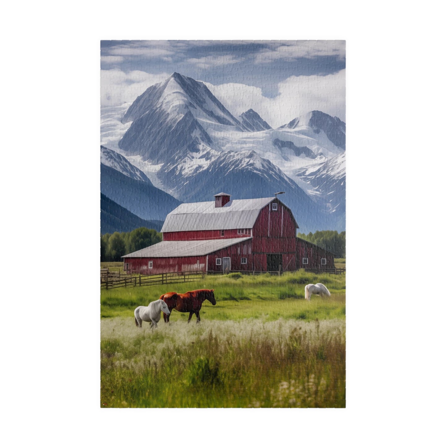 Country Scenic Puzzle with Red Barn, Horses, Mountains, 110-1014 Pieces Beautiful Scenic Country Living Horses Jig Saw America Family Fun Tabletop Indoor Games