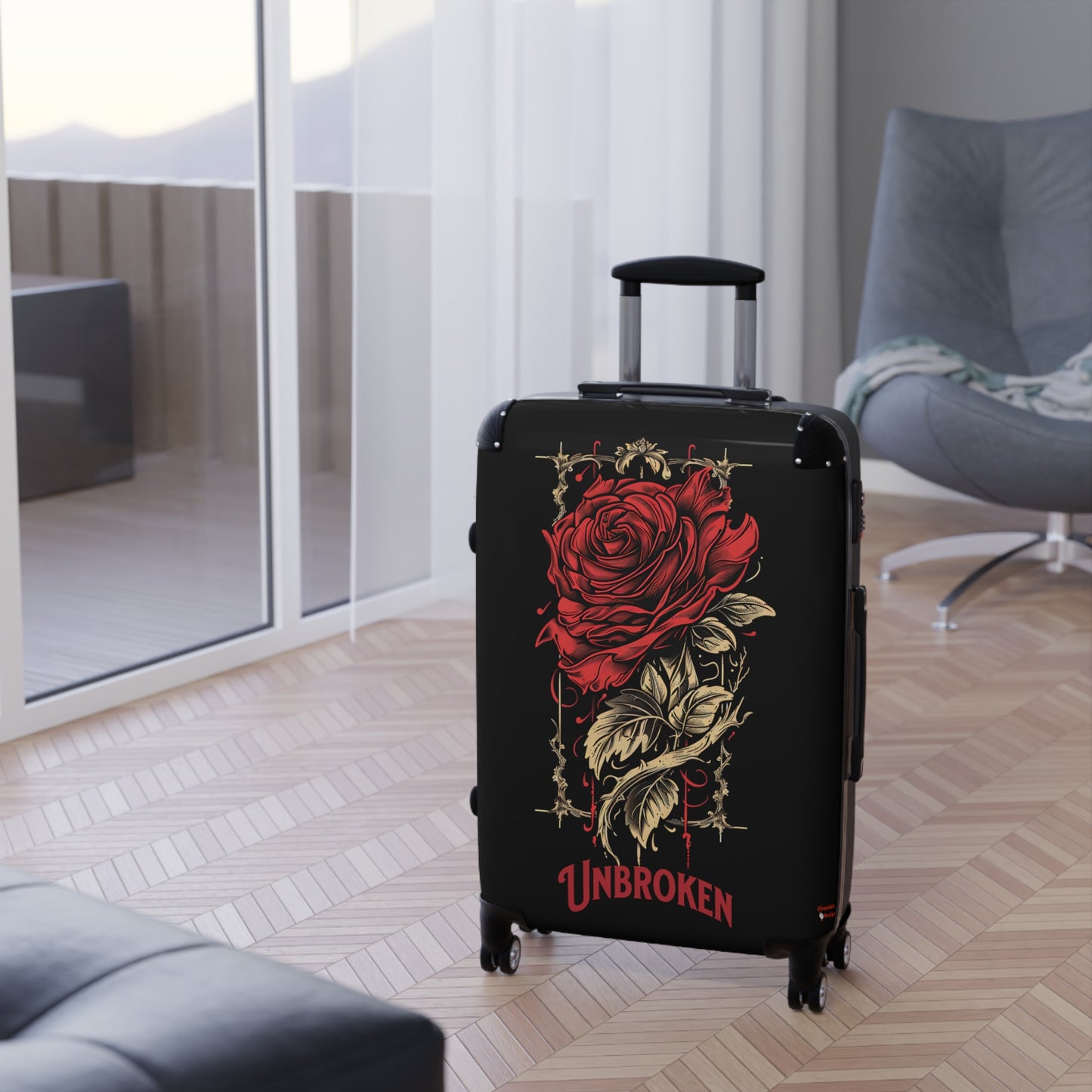 Unbroken Rose Design Hard-Shell Suitcases, Telescopic Handle, 360° Wheels, Locks, Carry-On, Medium, Large