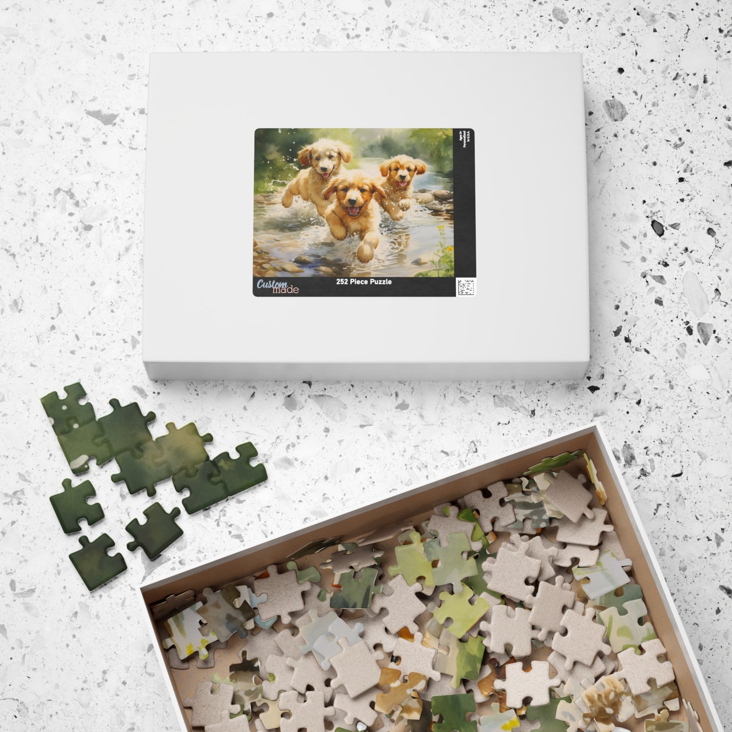 Three Golden Puppies Puzzle Jigsaw Cute Retrievers Playing in Stream Dog Dogs Watercolor Jig Saw