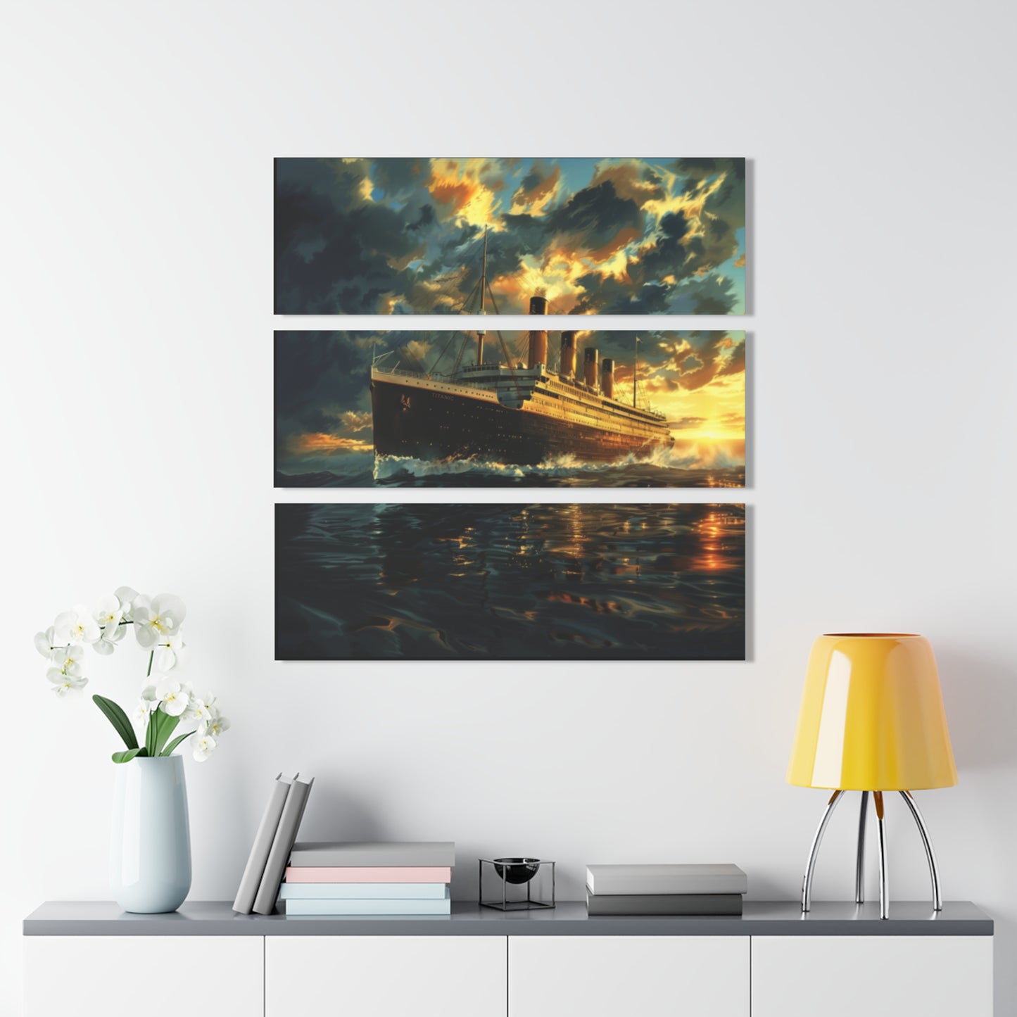 Titanic Acrylic Wall Art Triptych, 36x12 inches Horizontal or 12x36 inches Vertical, Watercolor Image, Hand Polished, Includes Hanging Hardware