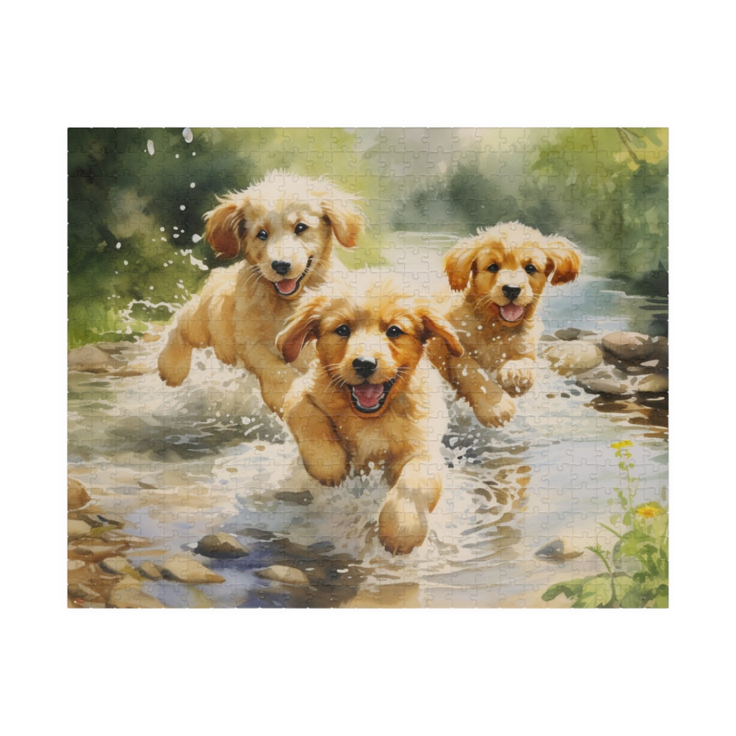 Three Golden Puppies Puzzle Jigsaw Cute Retrievers Playing in Stream Dog Dogs Watercolor Jig Saw