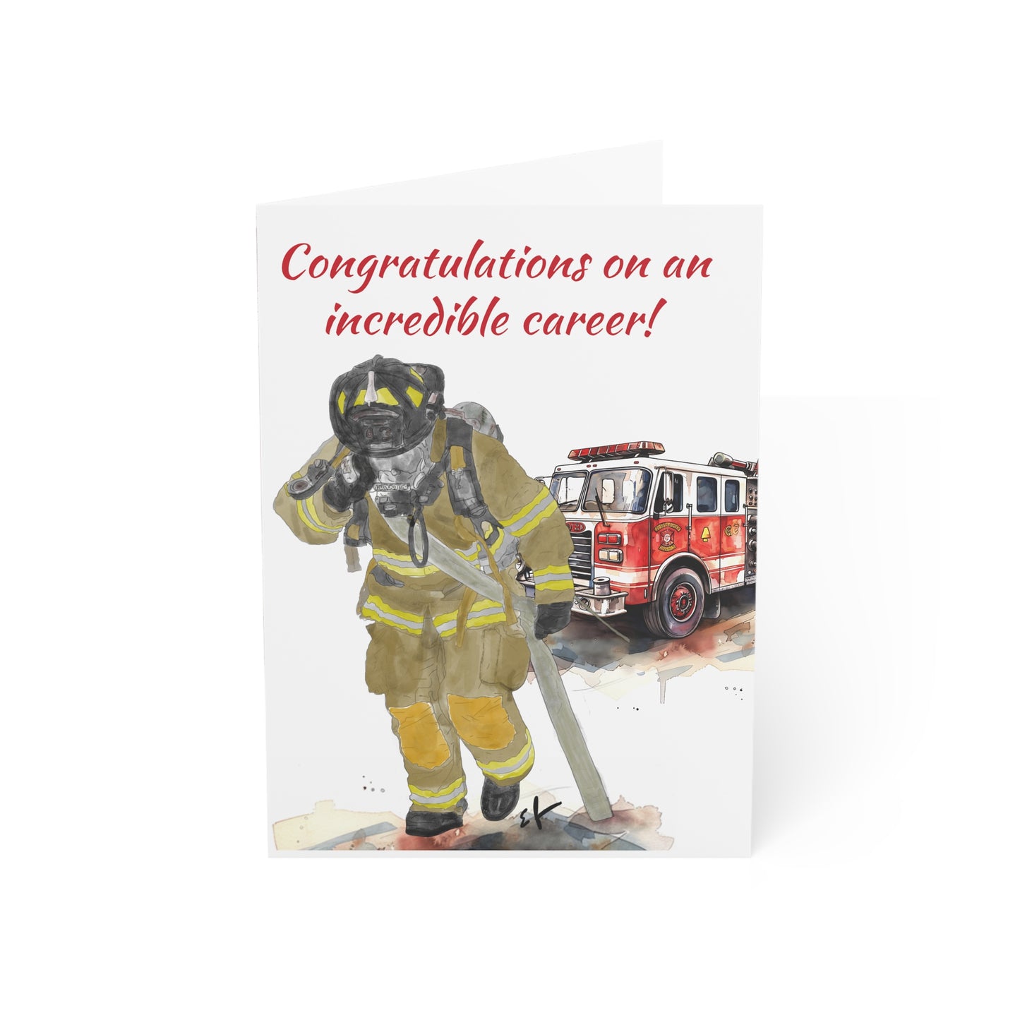 Firefighter Retirement Congratulations Greeting Card (1ea. or 10 pack), 5x7 inches, 270gsm Paper, Watercolor Fire Station Design, Envelope Included