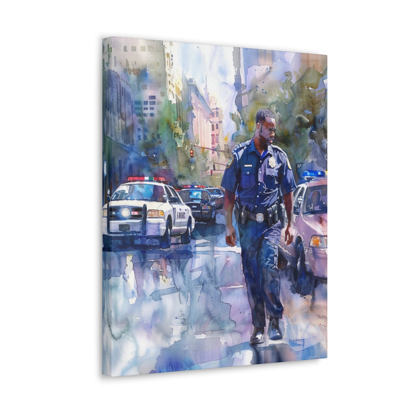 African American Police Officer #1 Canvas Gallery Wraps Watercolor Black Law Enforcement Cop America's Finest Policeman Policemen Artwork