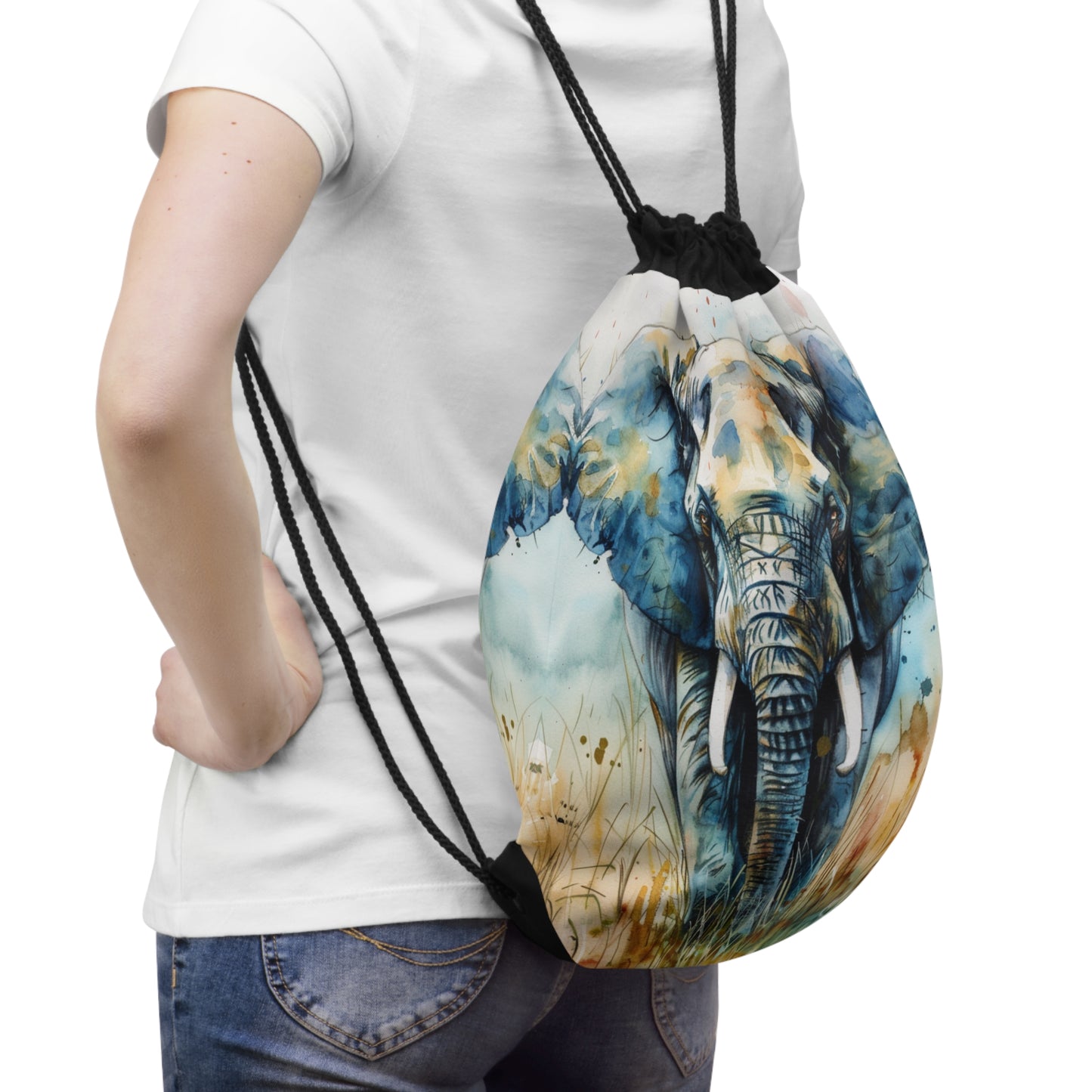 Watercolor Animal Drawstring Backpacks, Elephant, Lioness with Cubs, Whale with Calf Designs, 100% Polyester, Lined, Zipper Pocket