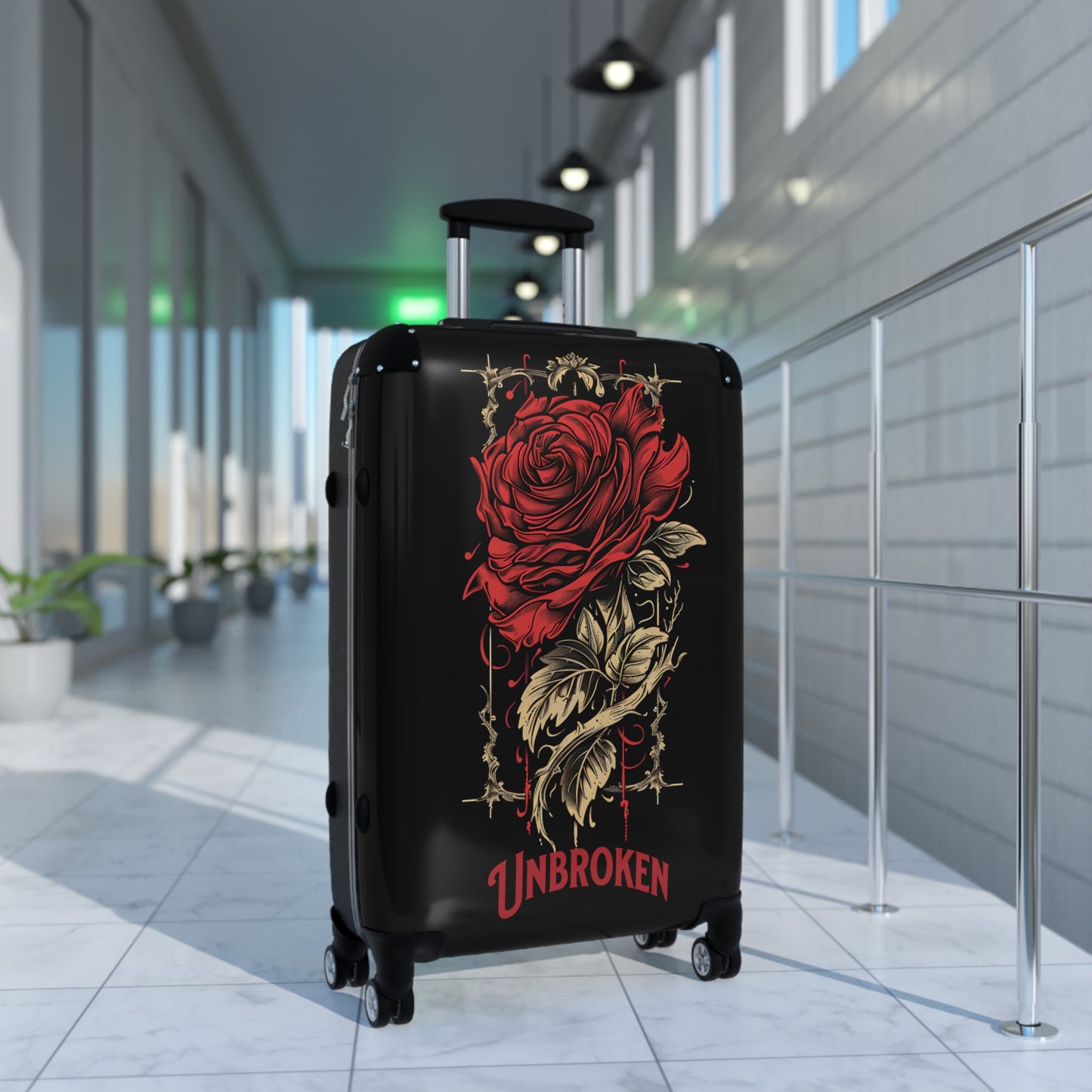 Unbroken Rose Design Hard-Shell Suitcases, Telescopic Handle, 360° Wheels, Locks, Carry-On, Medium, Large